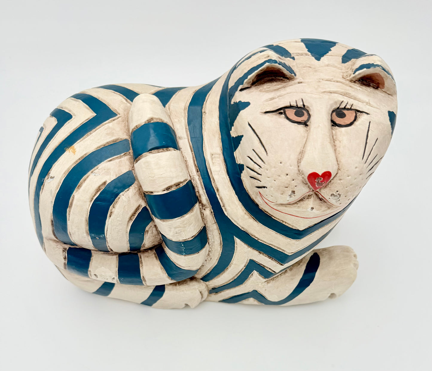 HAND-PAINTED FOLK ART CERAMIC CAT SCULPTURE – TEAL STRIPES & HEART NOSE – WHIMSICAL VINTAGE POTTERY