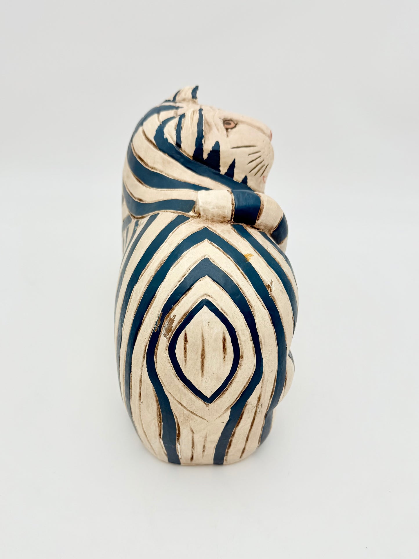 HAND-PAINTED FOLK ART CERAMIC CAT SCULPTURE – TEAL STRIPES & HEART NOSE – WHIMSICAL VINTAGE POTTERY