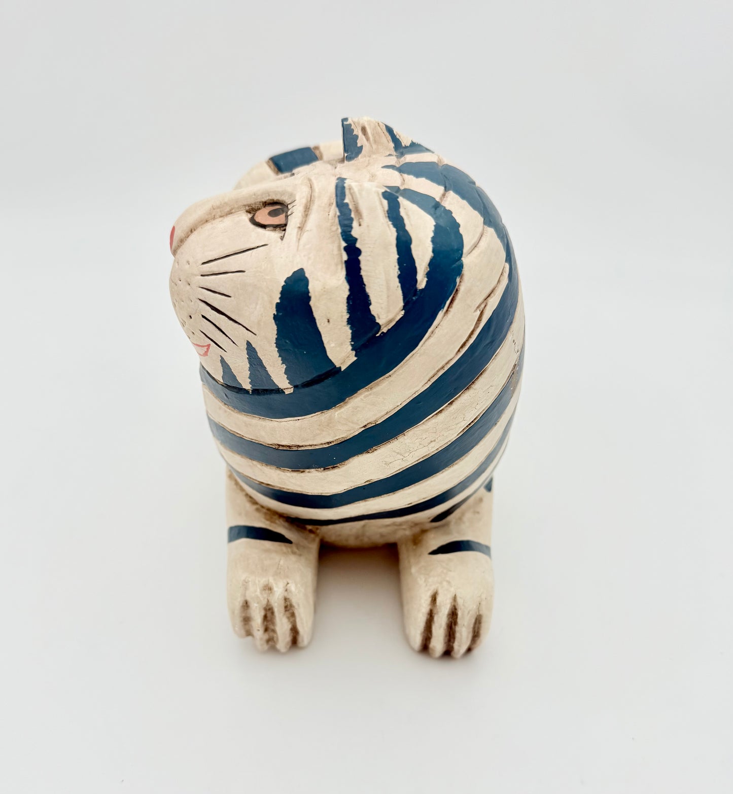 HAND-PAINTED FOLK ART CERAMIC CAT SCULPTURE – TEAL STRIPES & HEART NOSE – WHIMSICAL VINTAGE POTTERY