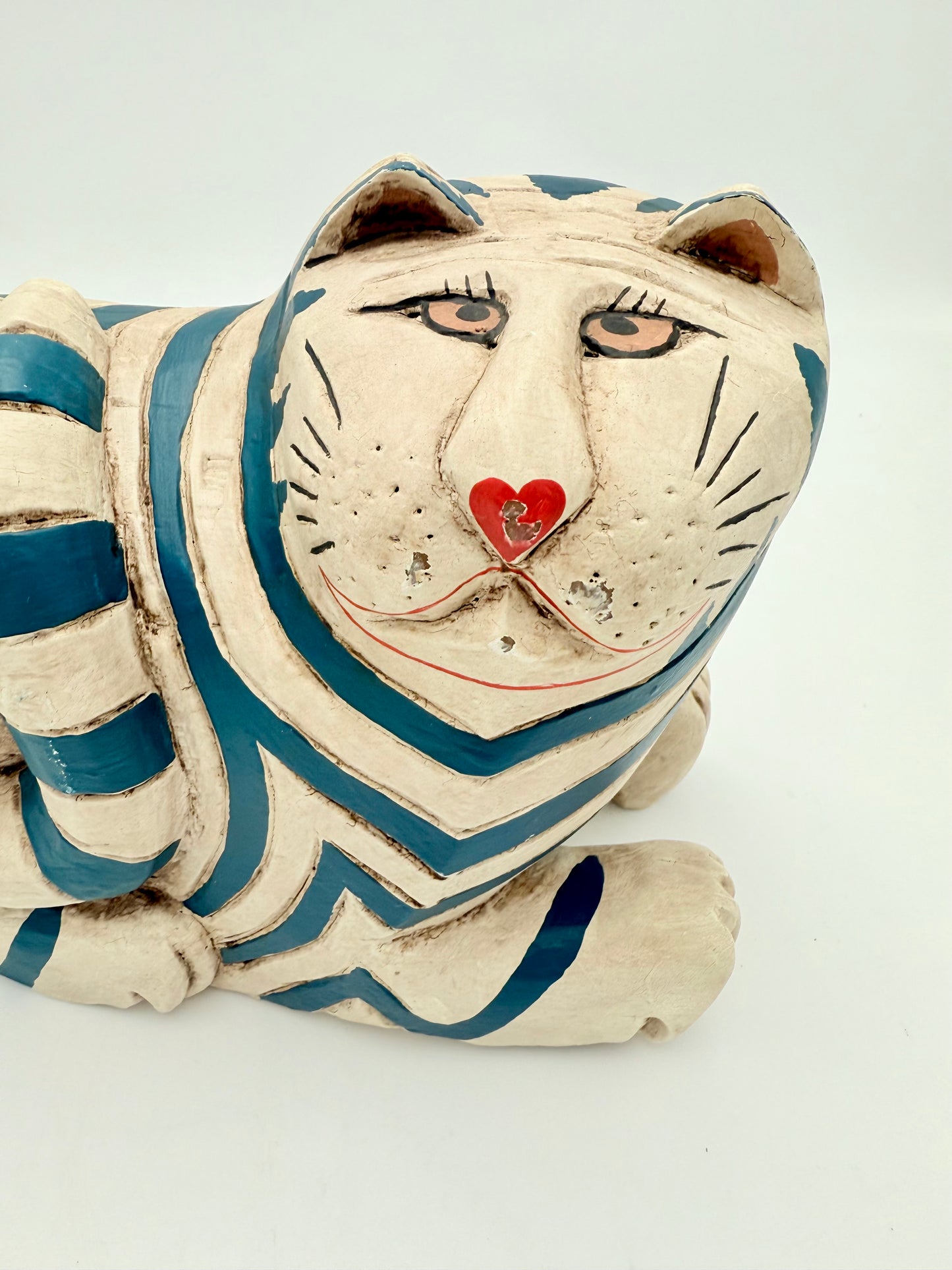 HAND-PAINTED FOLK ART CERAMIC CAT SCULPTURE – TEAL STRIPES & HEART NOSE – WHIMSICAL VINTAGE POTTERY