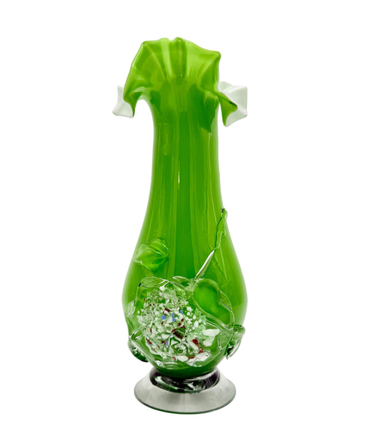 VINTAGE MURANO-STYLE GREEN ART GLASS VASE WITH APPLIED FLORAL DESIGN – 9.5” HAND-BLOWN STUDIO GLASS
