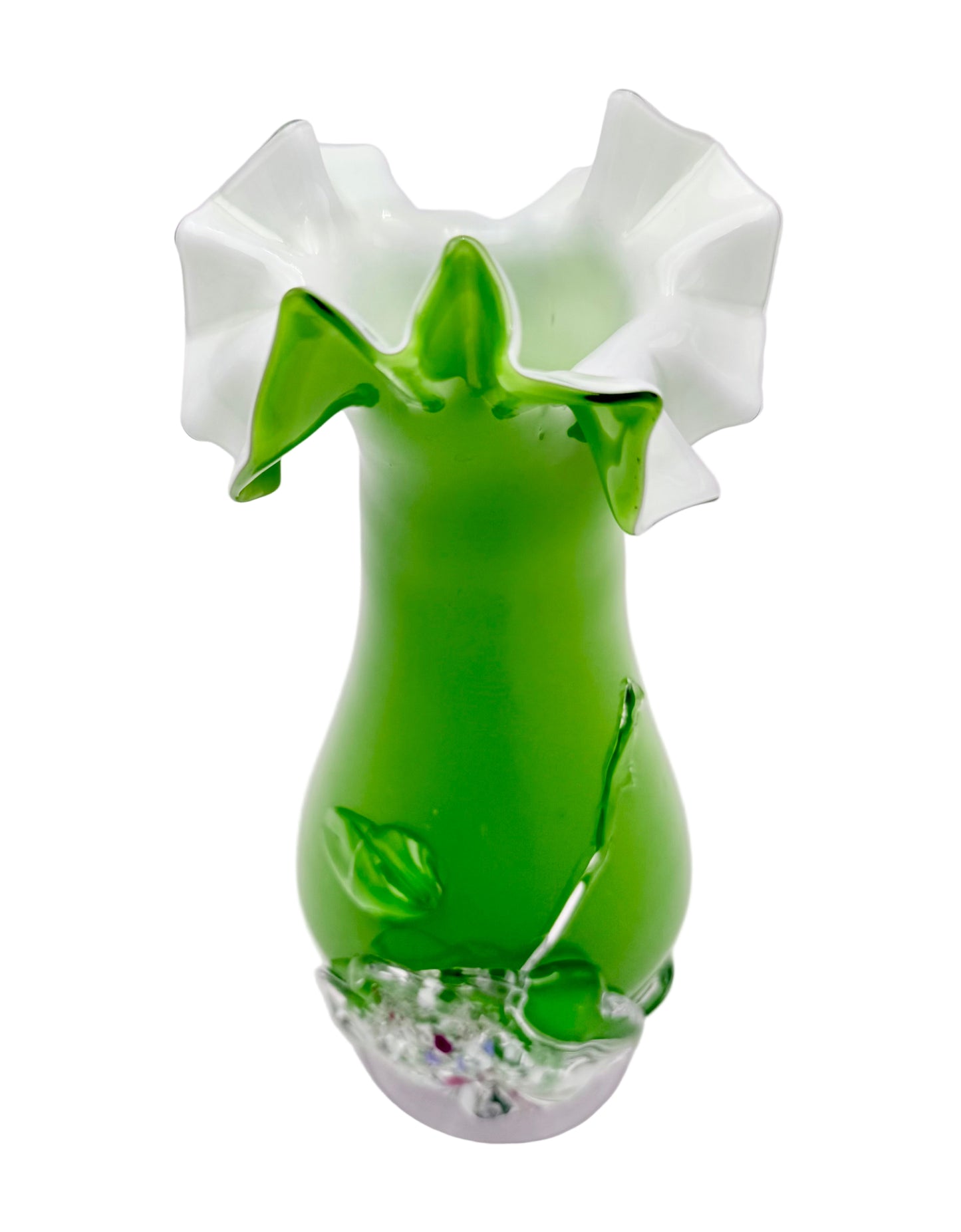 VINTAGE MURANO-STYLE GREEN ART GLASS VASE WITH APPLIED FLORAL DESIGN – 9.5” HAND-BLOWN STUDIO GLASS