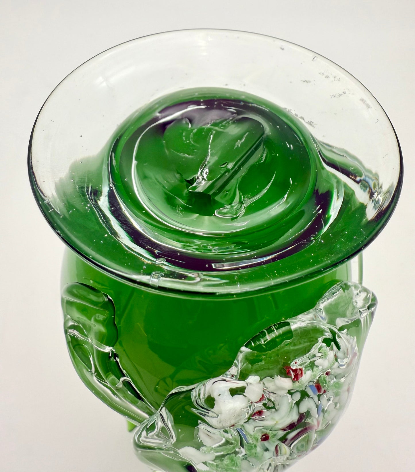 VINTAGE MURANO-STYLE GREEN ART GLASS VASE WITH APPLIED FLORAL DESIGN – 9.5” HAND-BLOWN STUDIO GLASS