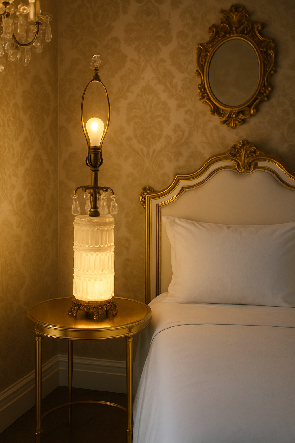 VINTAGE HOLLYWOOD REGENCY MILK GLASS TABLE LAMP – 31.5” – DIAMOND CUT GLOWING BASE – CRYSTAL PRISMS – MID CENTURY GLAM