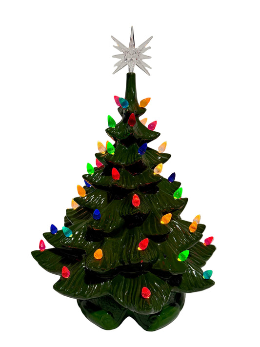 VINTAGE ATLANTIC MOLD 22” CERAMIC CHRISTMAS TREE • LIGHTED BASE • MULTICOLOR BULBS • STAR TOPPER • WORKING MUSIC BOX (SLOW) • EXTRA BULBS