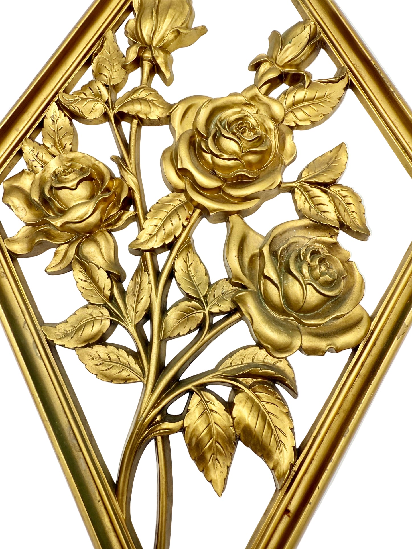 VINTAGE SYROCO GOLD ROSE WALL PLAQUE • 1960S HOLLYWOOD REGENCY FLORAL DECOR • MADE IN USA