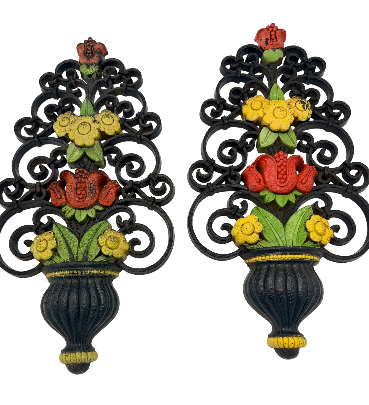 LARGE VINTAGE SYROCO FLORAL WALL PLAQUES PAIR 25 INCH MID CENTURY FOLK ART URN DESIGN