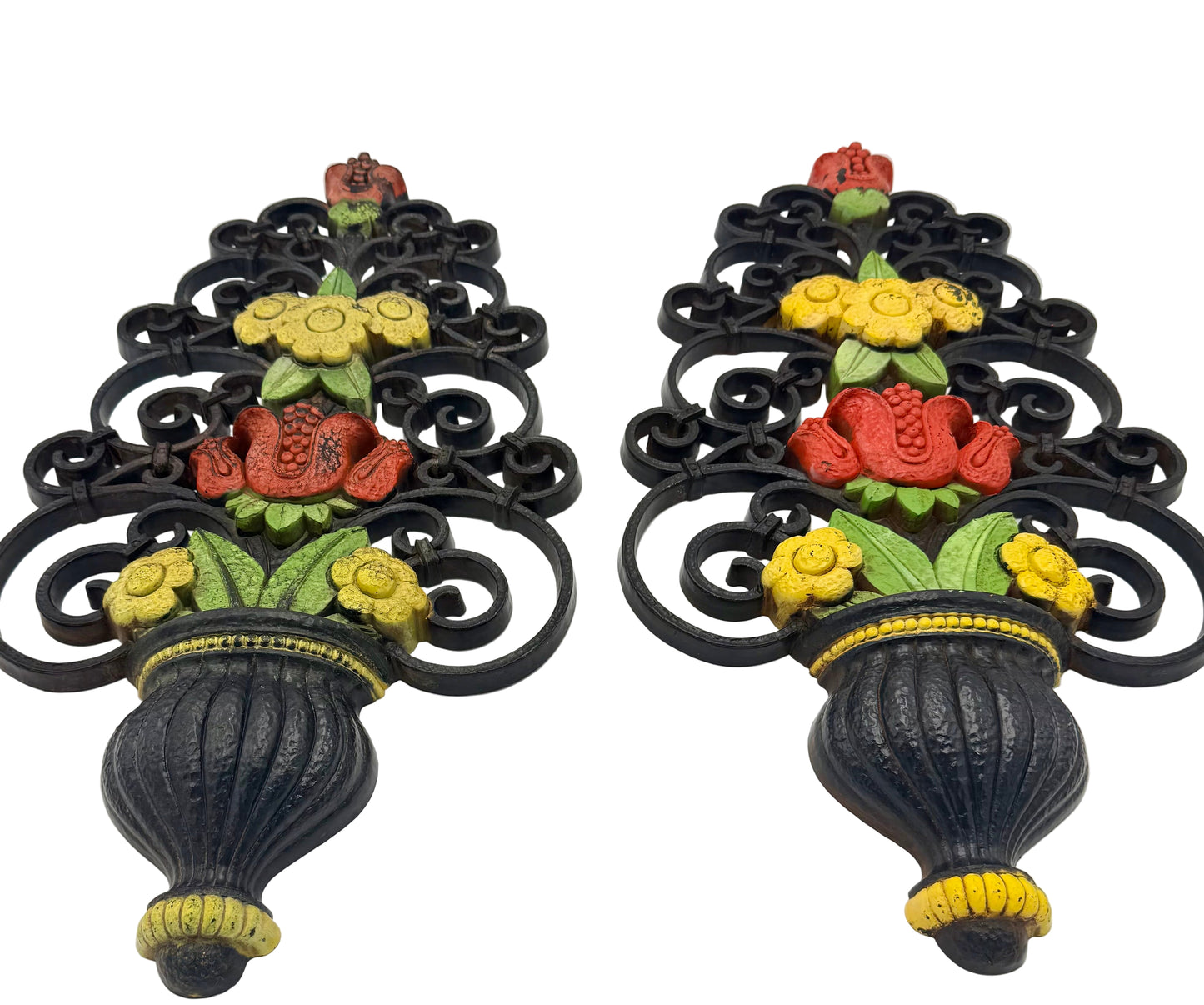 LARGE VINTAGE SYROCO FLORAL WALL PLAQUES PAIR 25 INCH MID CENTURY FOLK ART URN DESIGN