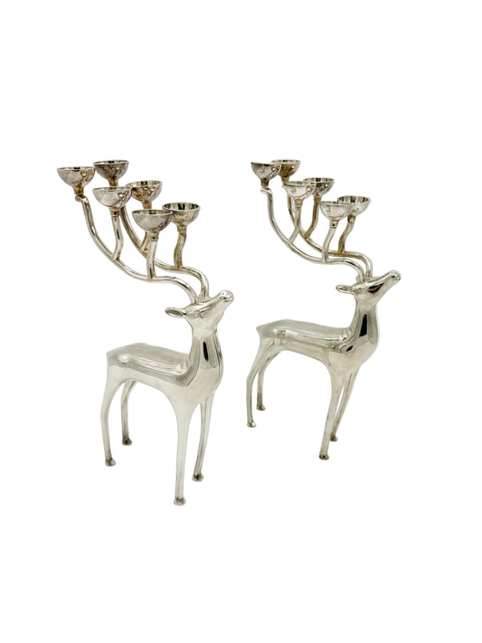 VINTAGE GODINGER SILVER REINDEER CANDELABRA PAIR | FIVE ARM SILVERPLATE HOLIDAY CANDLE HOLDERS | SCULPTURAL CHRISTMAS DECOR