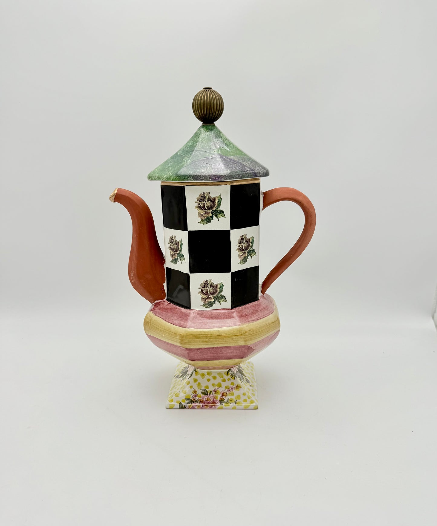 WHIMSICAL FRANK & MUSTARD CERAMIC TEAPOT • 1997 HAND-PAINTED STUDIO ART POTTERY • CHECKERBOARD ROSES • MACKENZIE-CHILDS STYLE DECOR • LARGE DISPLAY TEAPOT