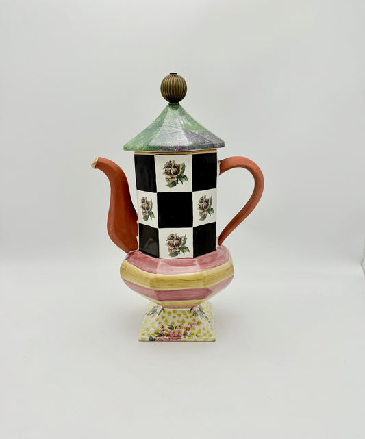 WHIMSICAL FRANK & MUSTARD CERAMIC TEAPOT • 1997 HAND-PAINTED STUDIO ART POTTERY • CHECKERBOARD ROSES • MACKENZIE-CHILDS STYLE DECOR • LARGE DISPLAY TEAPOT