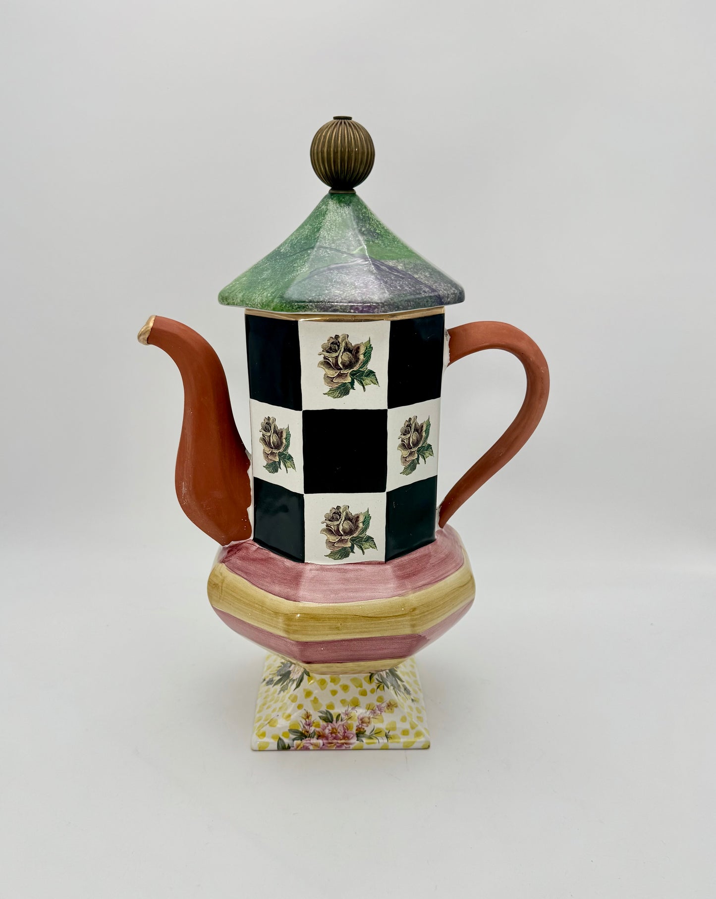 WHIMSICAL FRANK & MUSTARD CERAMIC TEAPOT • 1997 HAND-PAINTED STUDIO ART POTTERY • CHECKERBOARD ROSES • MACKENZIE-CHILDS STYLE DECOR • LARGE DISPLAY TEAPOT