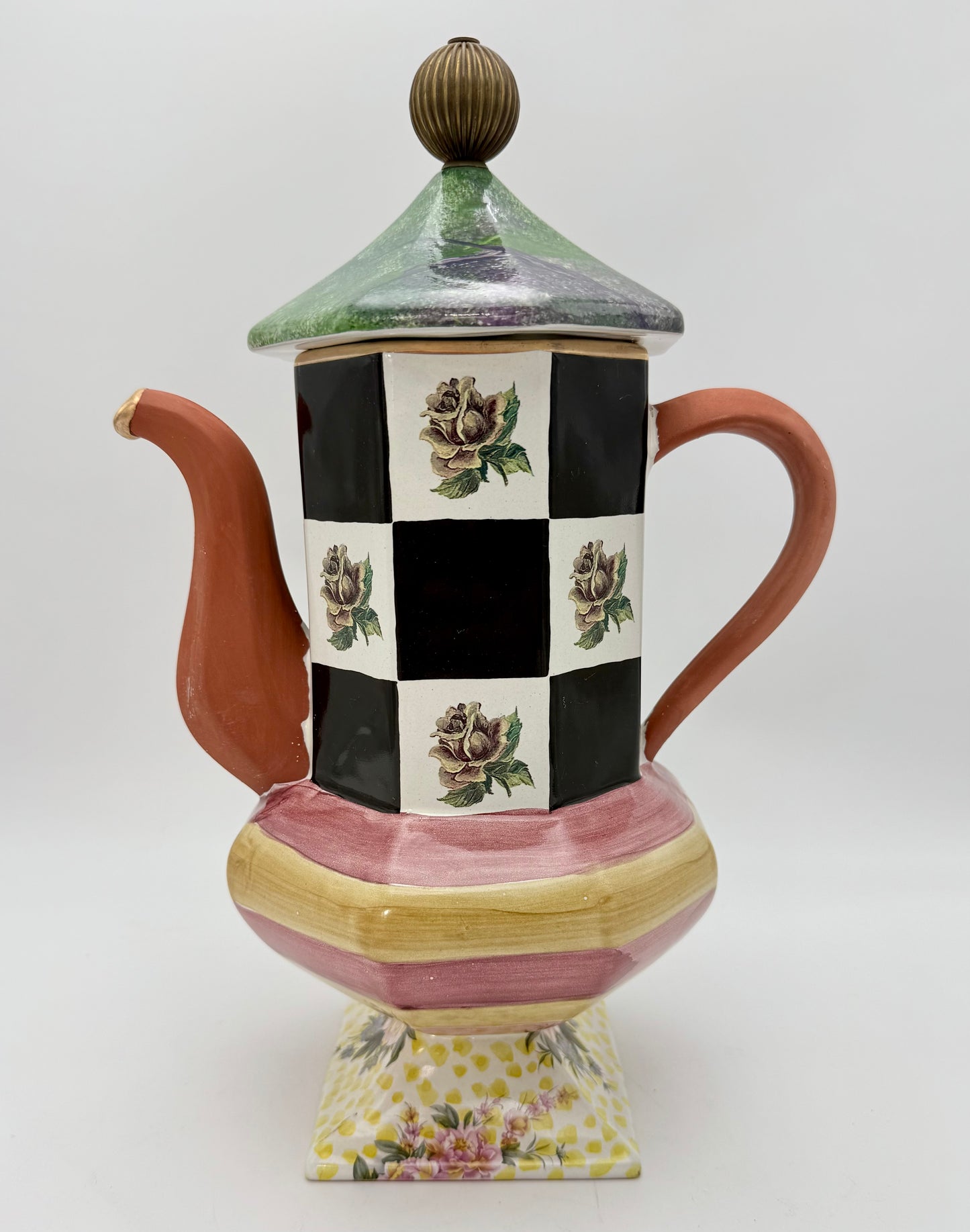 WHIMSICAL FRANK & MUSTARD CERAMIC TEAPOT • 1997 HAND-PAINTED STUDIO ART POTTERY • CHECKERBOARD ROSES • MACKENZIE-CHILDS STYLE DECOR • LARGE DISPLAY TEAPOT