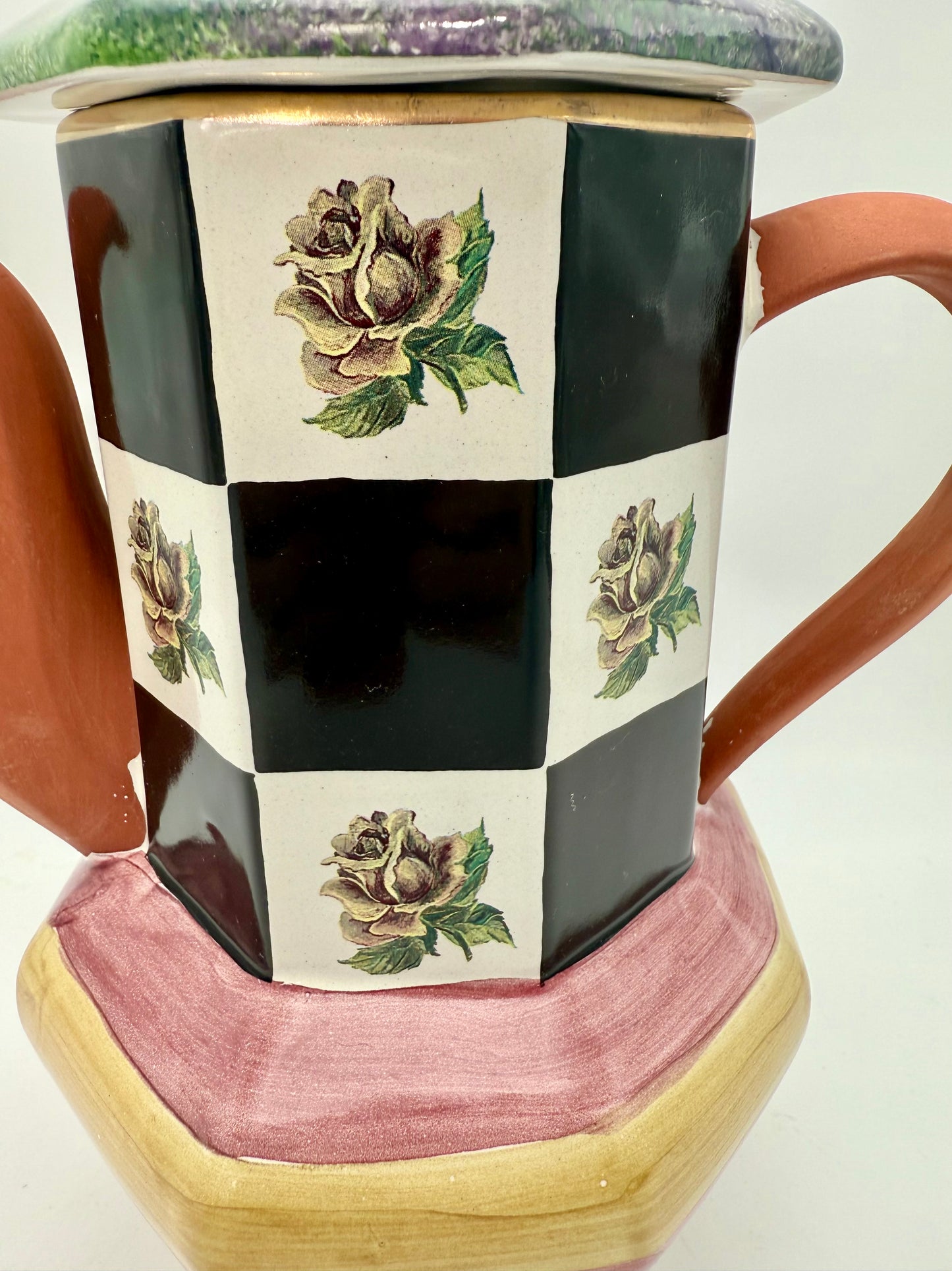 WHIMSICAL FRANK & MUSTARD CERAMIC TEAPOT • 1997 HAND-PAINTED STUDIO ART POTTERY • CHECKERBOARD ROSES • MACKENZIE-CHILDS STYLE DECOR • LARGE DISPLAY TEAPOT