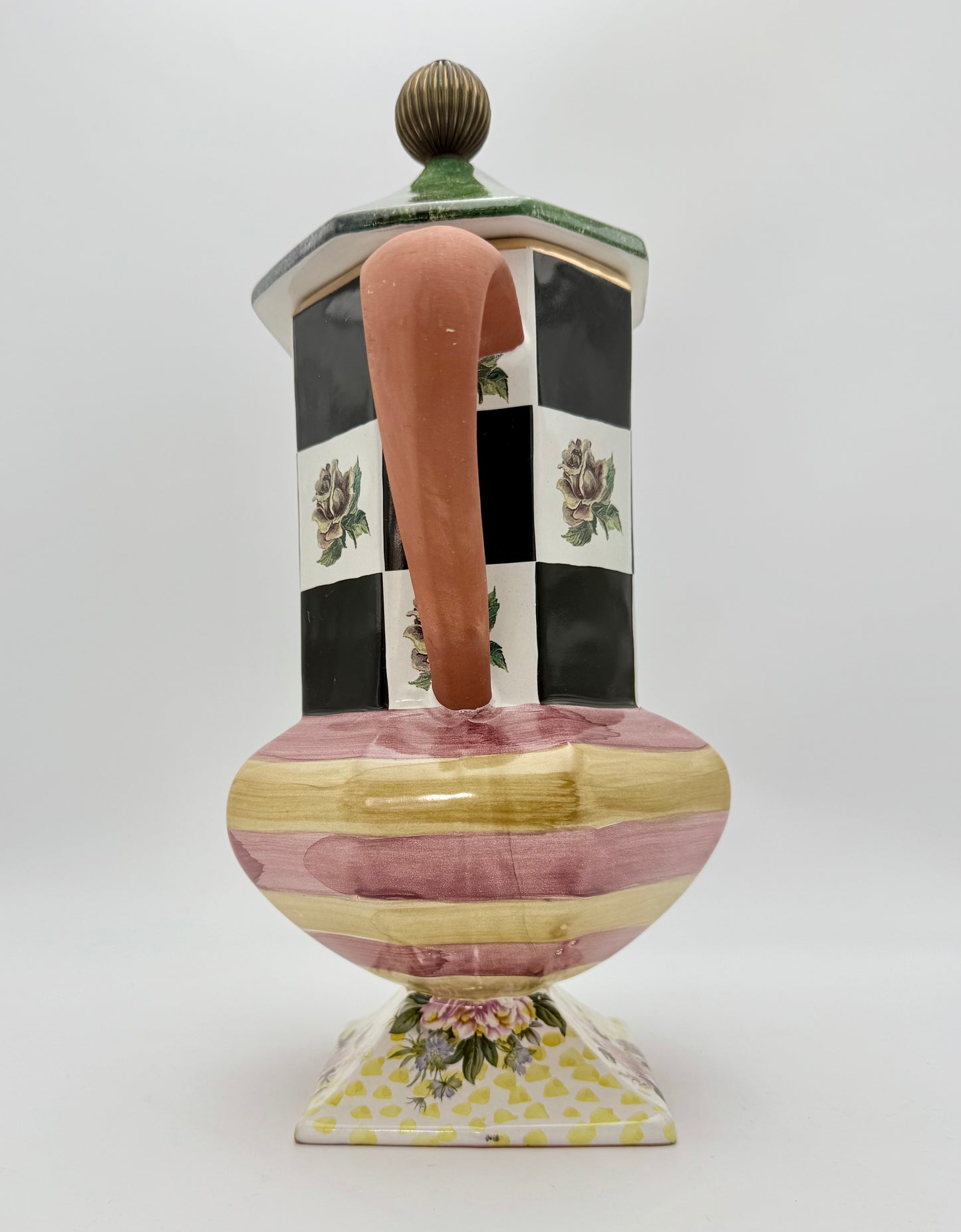 WHIMSICAL FRANK & MUSTARD CERAMIC TEAPOT • 1997 HAND-PAINTED STUDIO ART POTTERY • CHECKERBOARD ROSES • MACKENZIE-CHILDS STYLE DECOR • LARGE DISPLAY TEAPOT