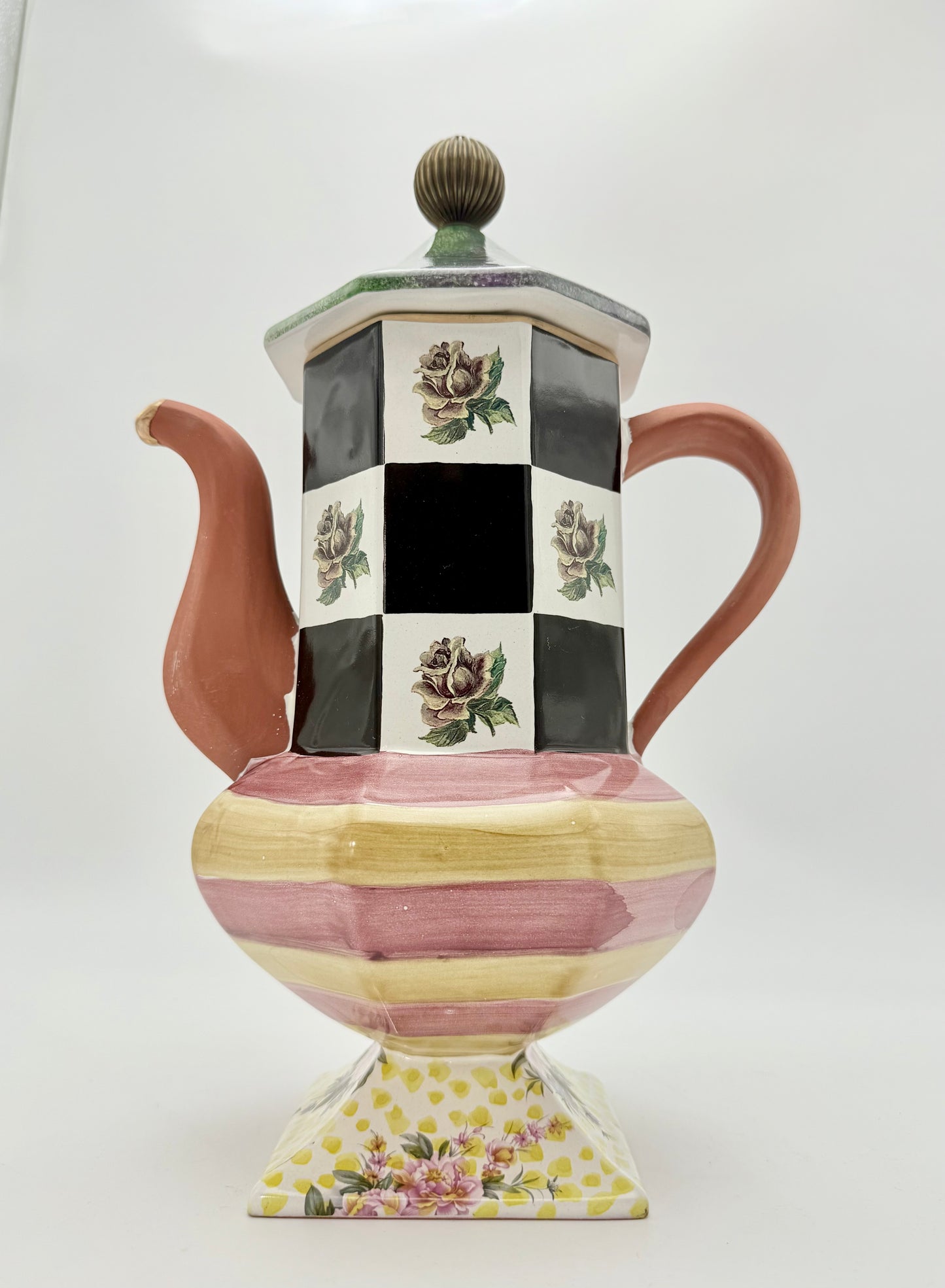 WHIMSICAL FRANK & MUSTARD CERAMIC TEAPOT • 1997 HAND-PAINTED STUDIO ART POTTERY • CHECKERBOARD ROSES • MACKENZIE-CHILDS STYLE DECOR • LARGE DISPLAY TEAPOT