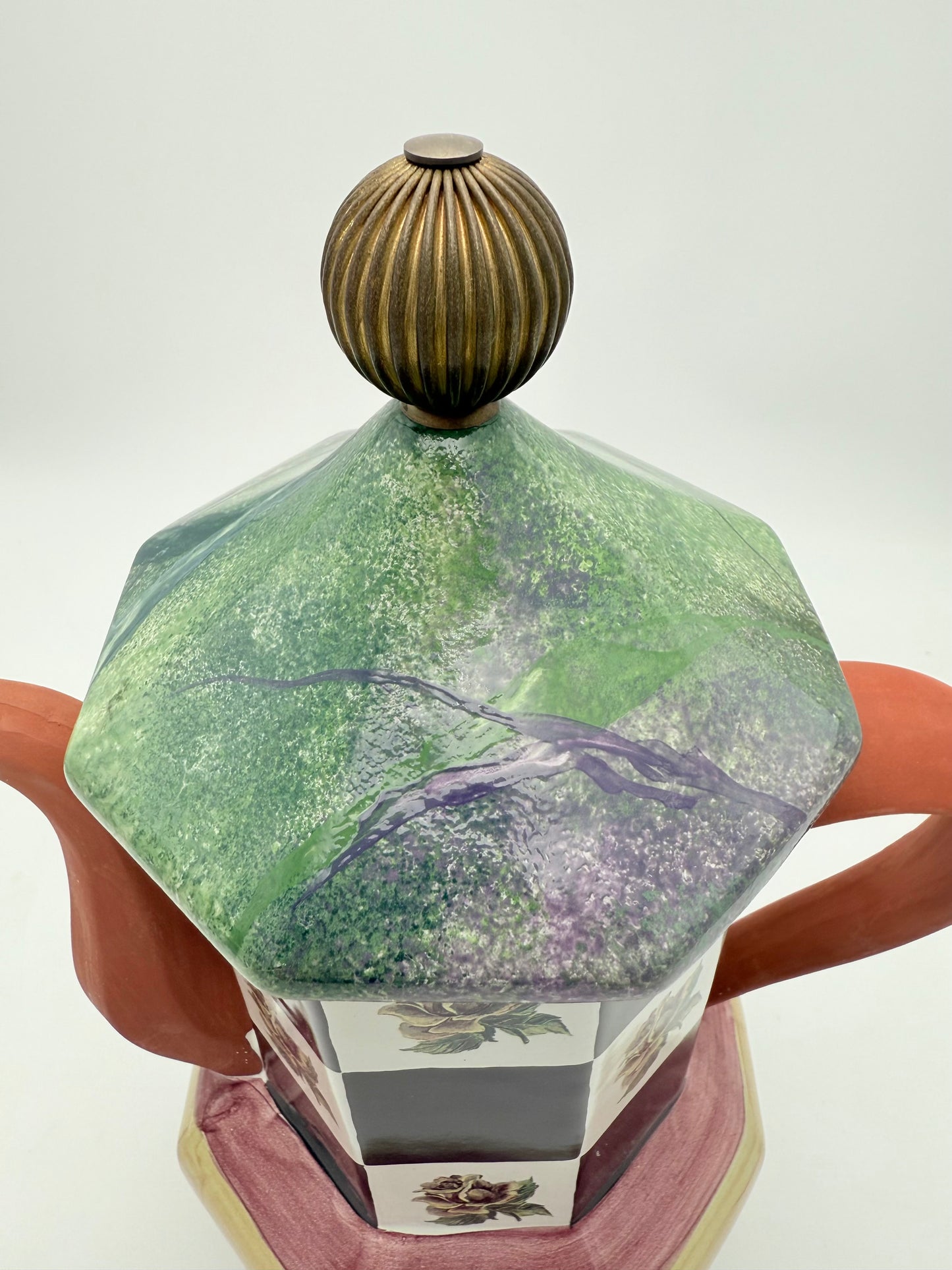 WHIMSICAL FRANK & MUSTARD CERAMIC TEAPOT • 1997 HAND-PAINTED STUDIO ART POTTERY • CHECKERBOARD ROSES • MACKENZIE-CHILDS STYLE DECOR • LARGE DISPLAY TEAPOT