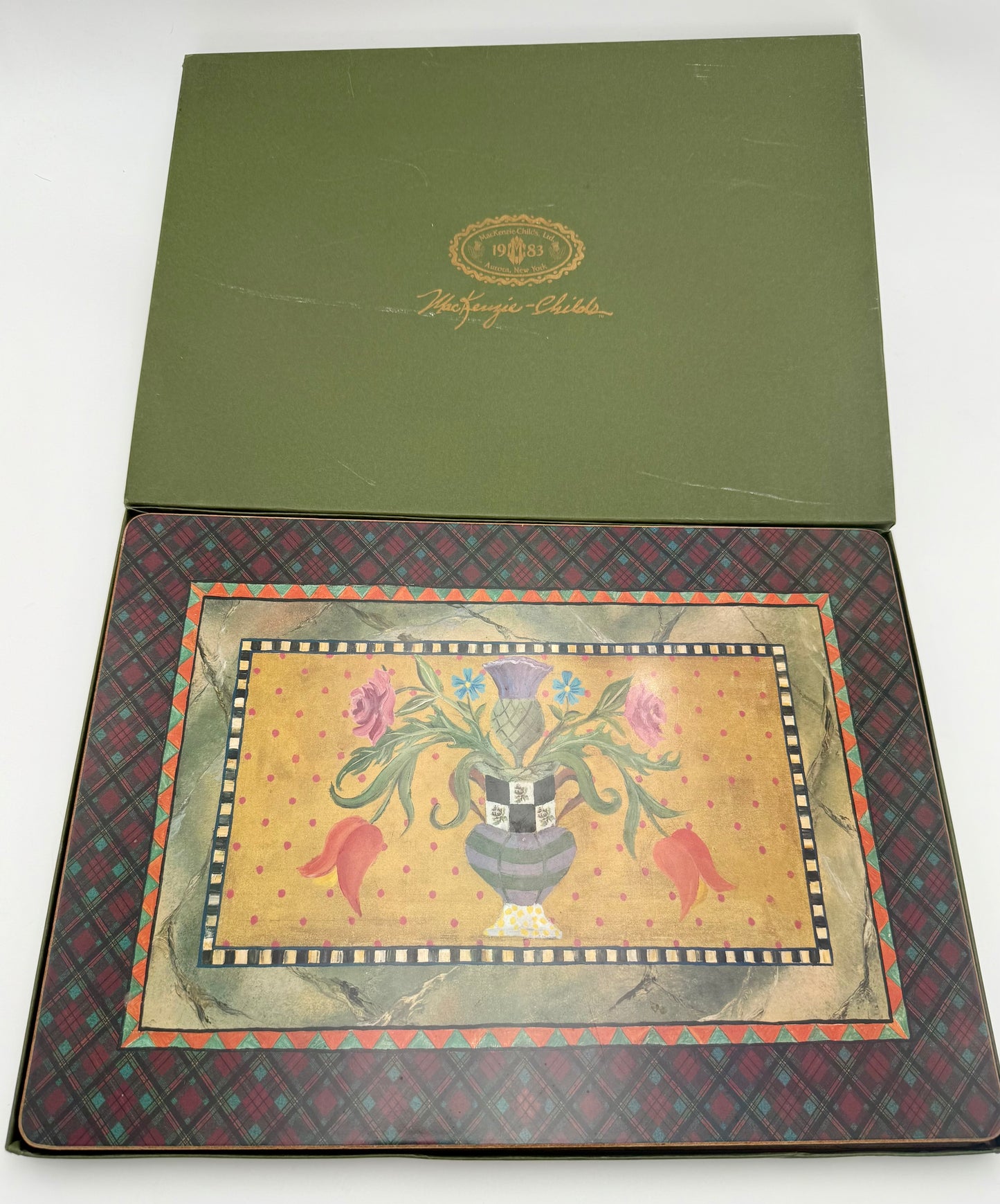 VINTAGE MACKENZIE-CHILDS LACQUER PLACEMATS — SET OF EIGHT WITH TWO ORIGINAL BOXES — EARLY FLORAL DESIGN