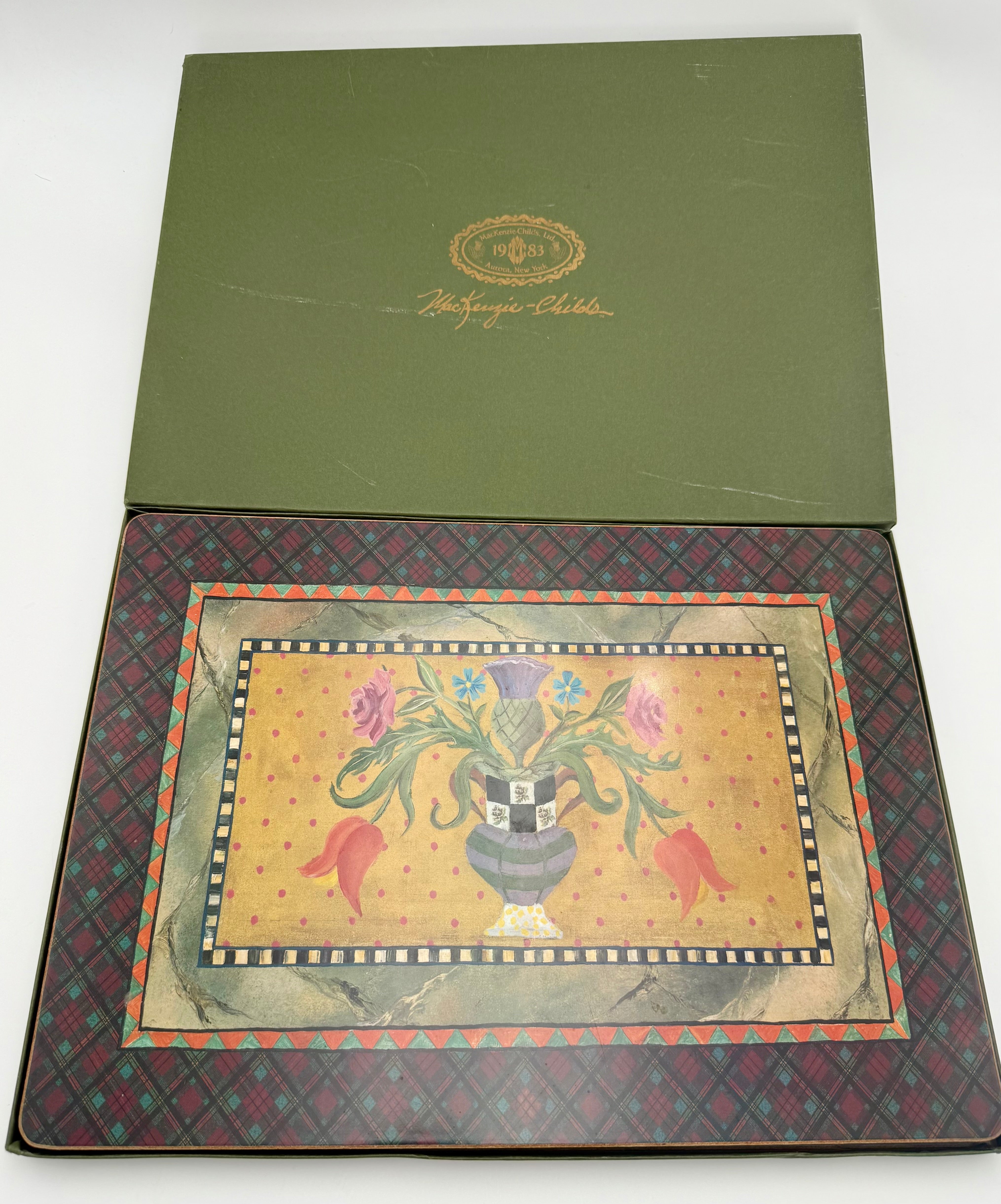 VINTAGE MACKENZIE-CHILDS LACQUER PLACEMATS — SET OF EIGHT WITH TWO ORIGINAL BOXES — EARLY FLORAL DESIGN