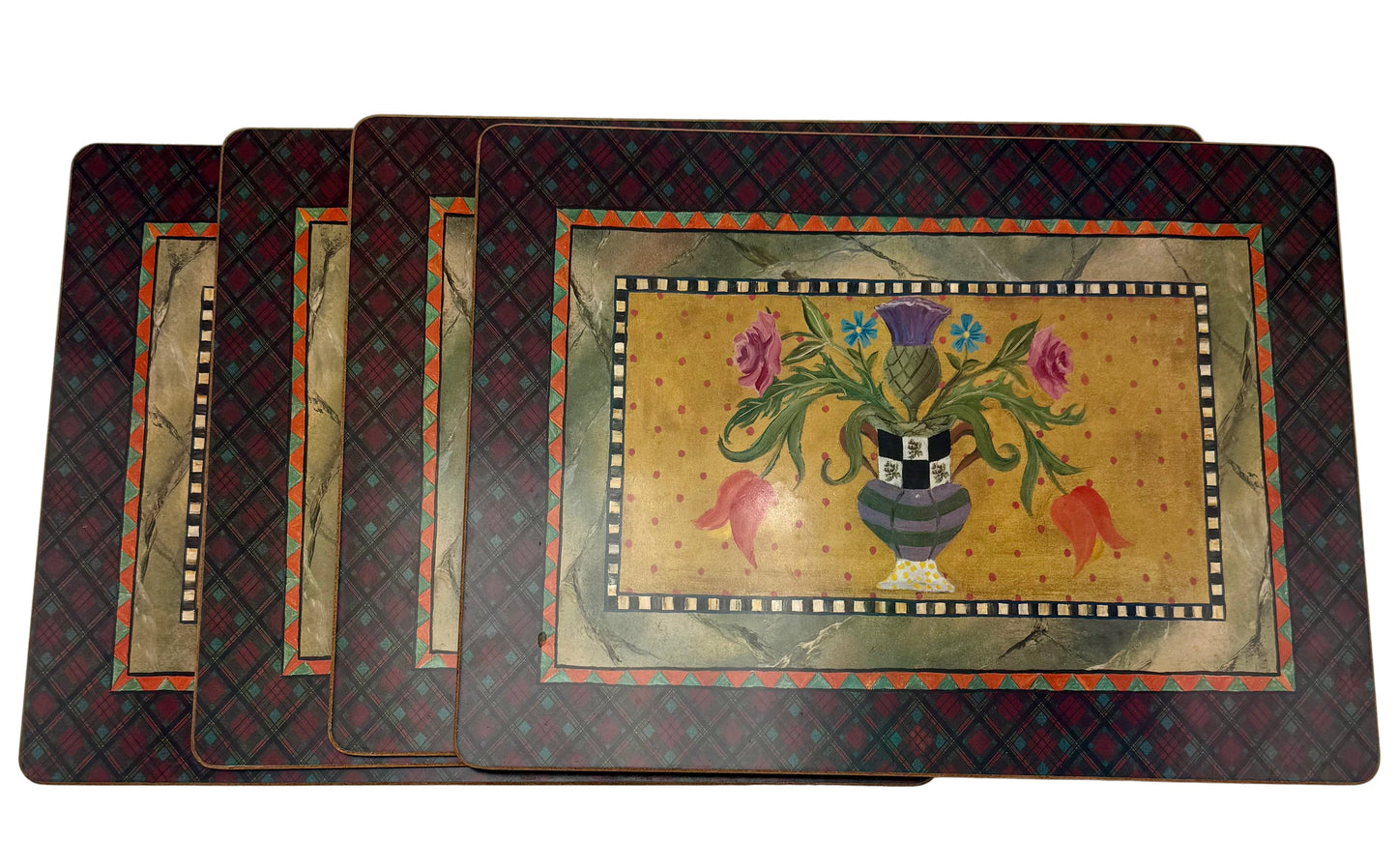 VINTAGE MACKENZIE-CHILDS LACQUER PLACEMATS — SET OF EIGHT WITH TWO ORIGINAL BOXES — EARLY FLORAL DESIGN