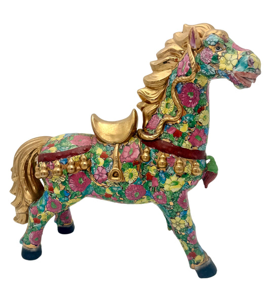 HAND-PAINTED FLORAL FAMILLE ROSE HORSE WITH GILT ACCENTS – 15” STATEMENT FIGURINE