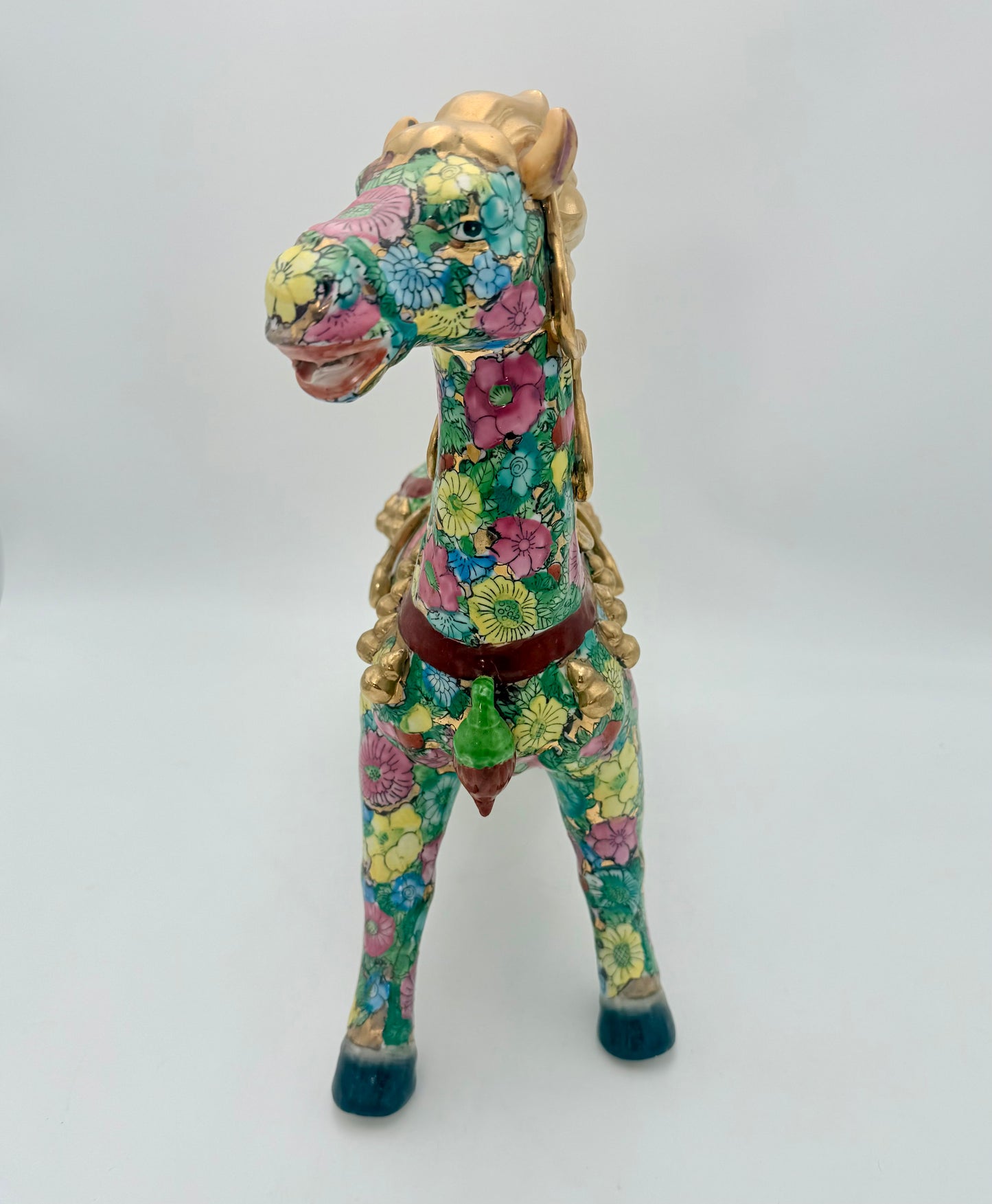 HAND-PAINTED FLORAL FAMILLE ROSE HORSE WITH GILT ACCENTS – 15” STATEMENT FIGURINE