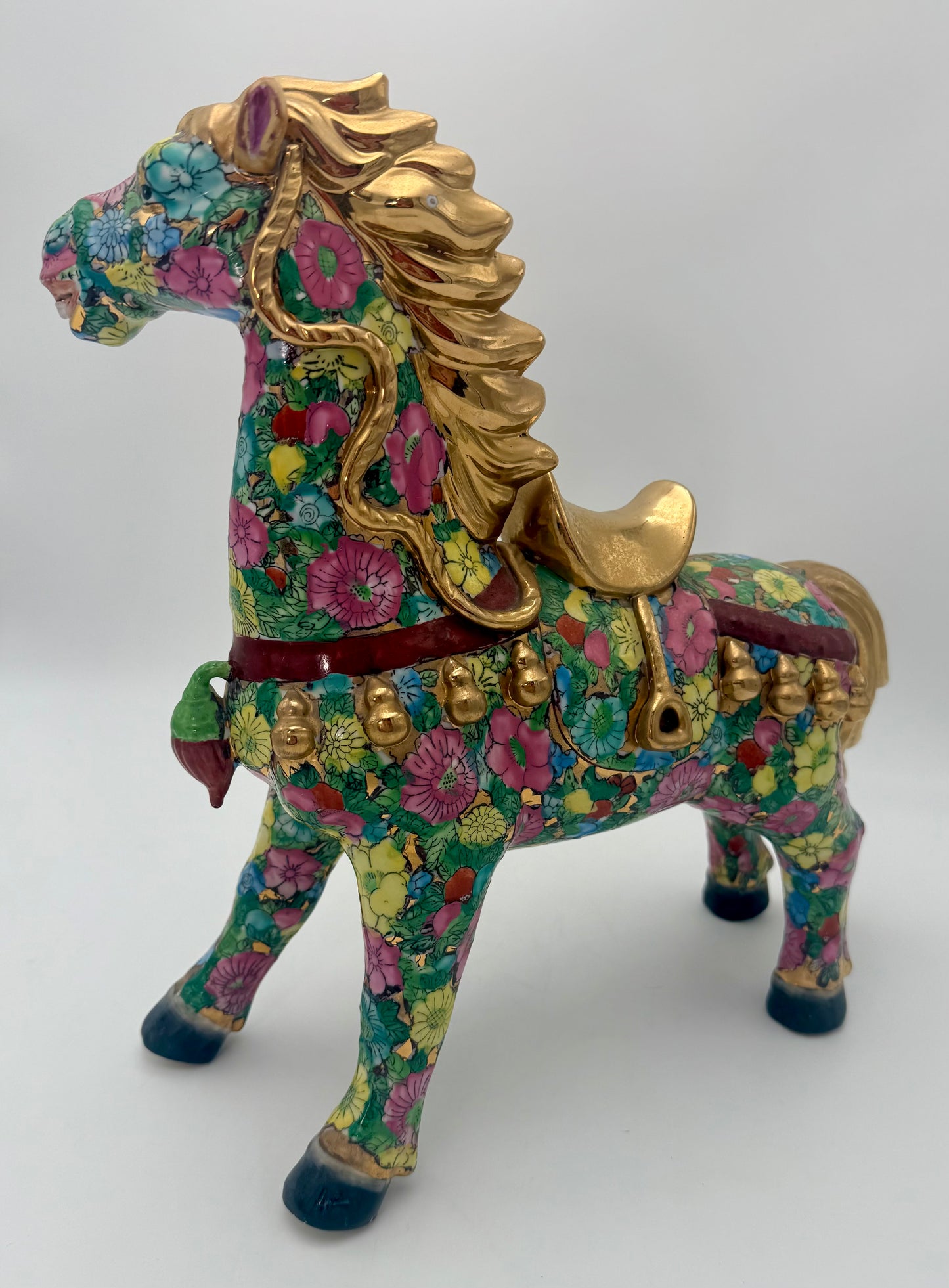HAND-PAINTED FLORAL FAMILLE ROSE HORSE WITH GILT ACCENTS – 15” STATEMENT FIGURINE
