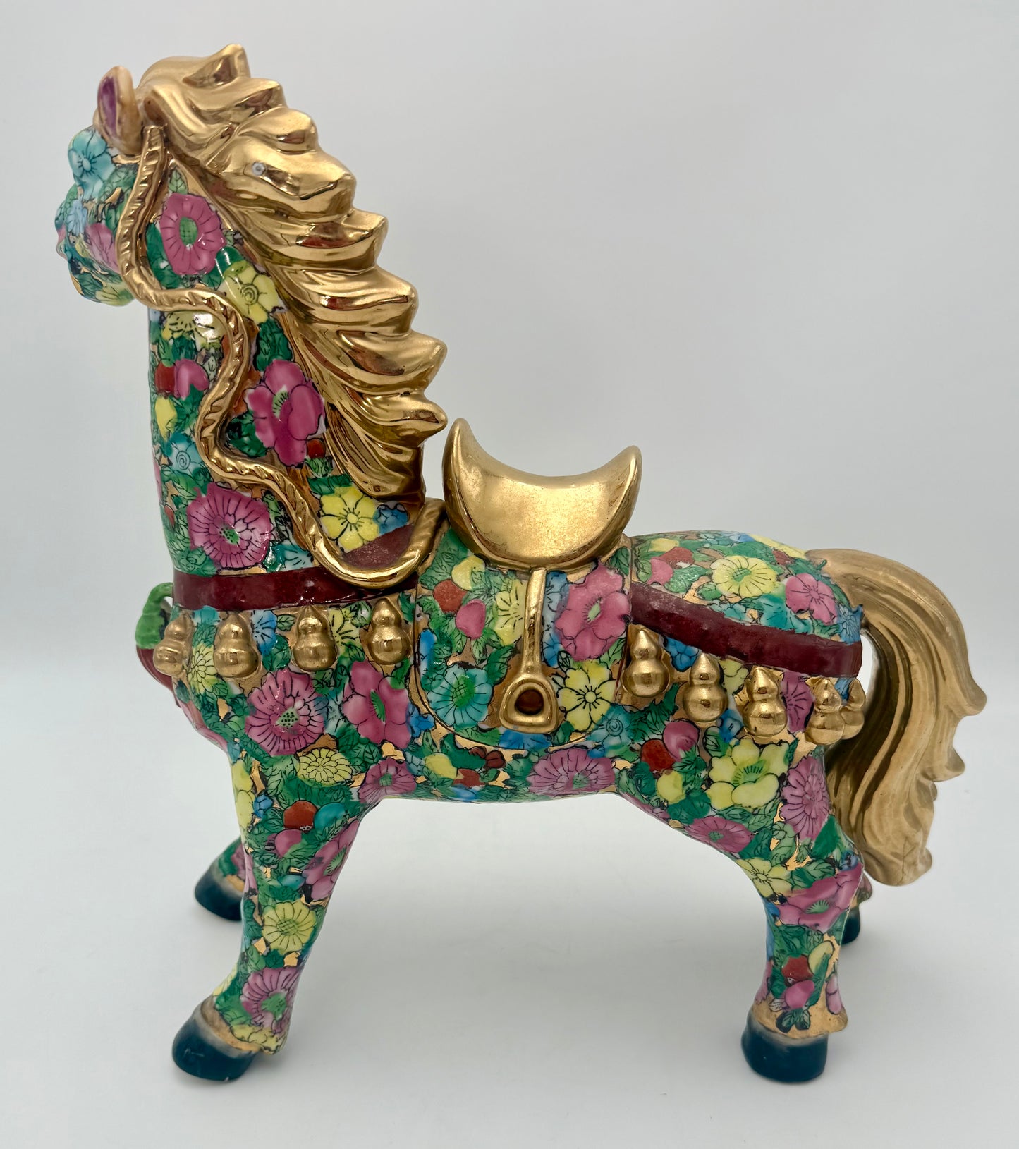 HAND-PAINTED FLORAL FAMILLE ROSE HORSE WITH GILT ACCENTS – 15” STATEMENT FIGURINE