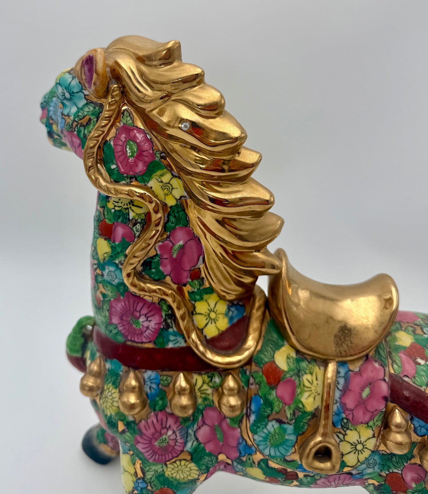 HAND-PAINTED FLORAL FAMILLE ROSE HORSE WITH GILT ACCENTS – 15” STATEMENT FIGURINE