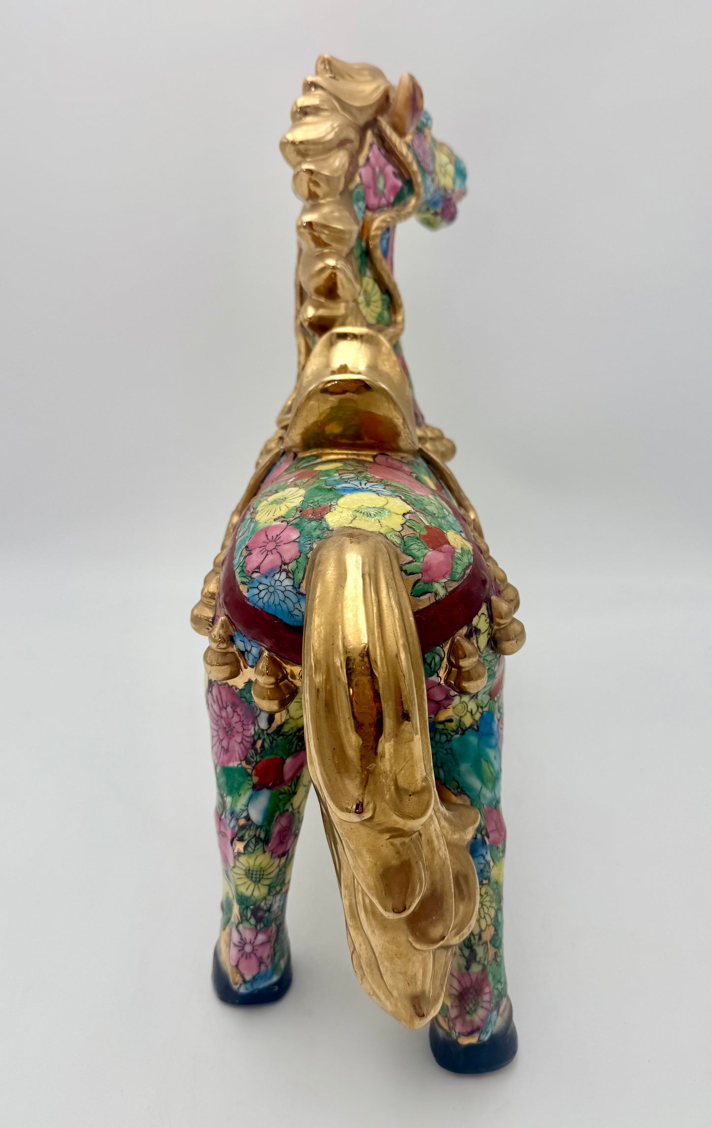 HAND-PAINTED FLORAL FAMILLE ROSE HORSE WITH GILT ACCENTS – 15” STATEMENT FIGURINE