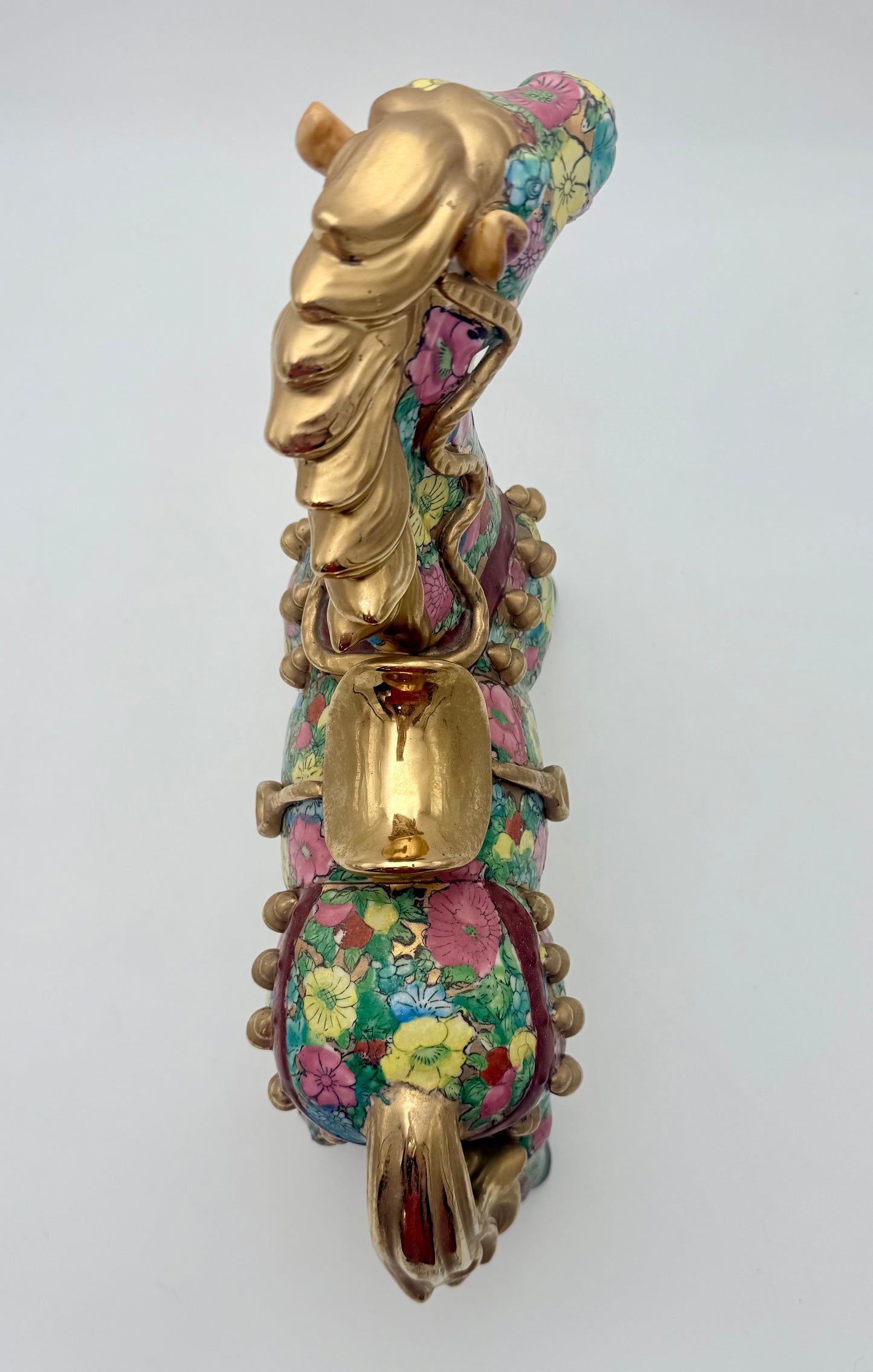 HAND-PAINTED FLORAL FAMILLE ROSE HORSE WITH GILT ACCENTS – 15” STATEMENT FIGURINE