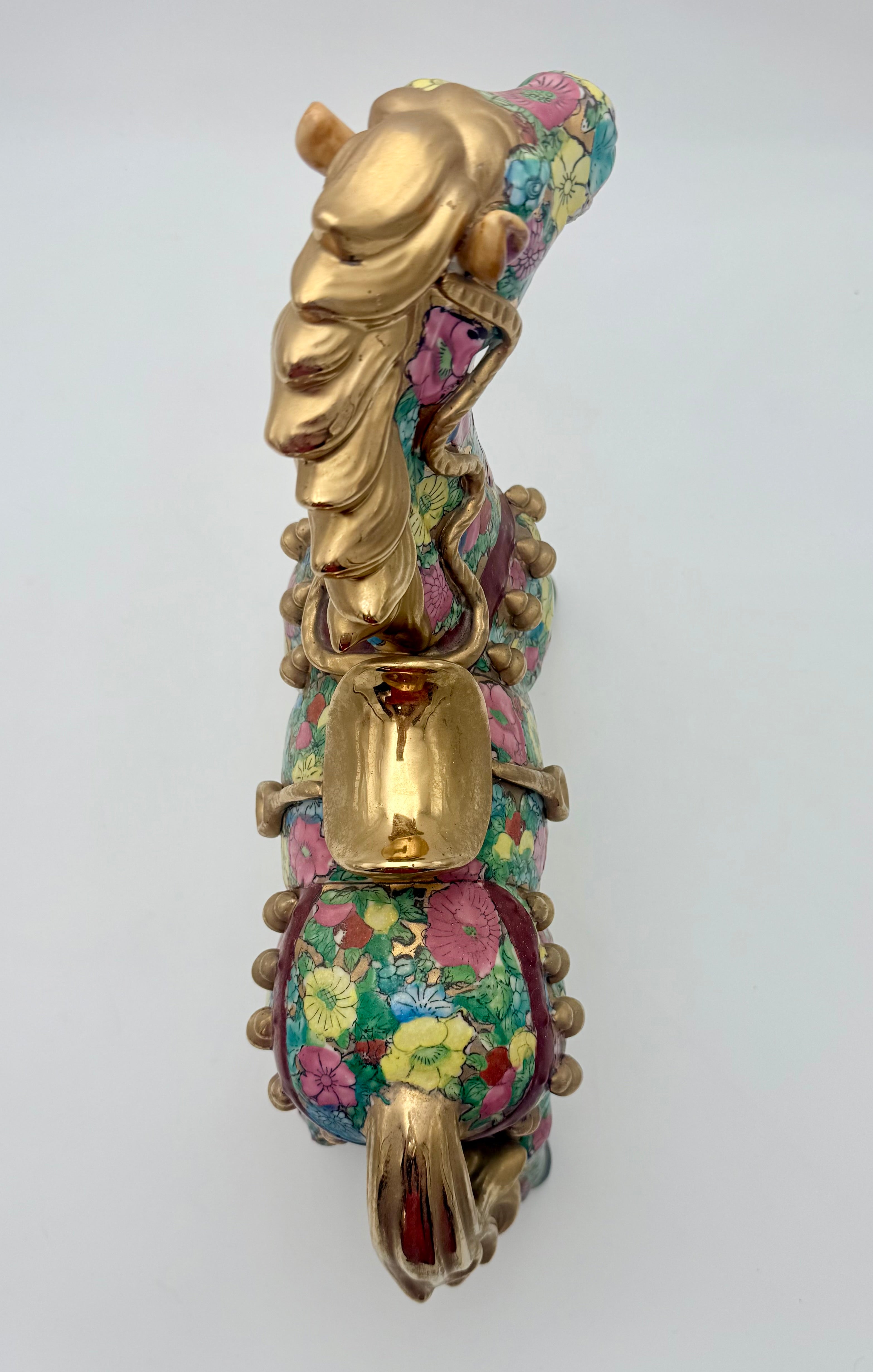 HAND-PAINTED FLORAL FAMILLE ROSE HORSE WITH GILT ACCENTS – 15” STATEMENT FIGURINE