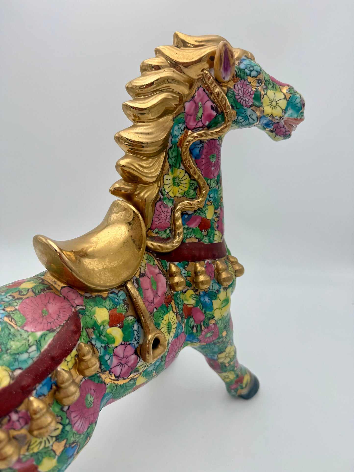 HAND-PAINTED FLORAL FAMILLE ROSE HORSE WITH GILT ACCENTS – 15” STATEMENT FIGURINE