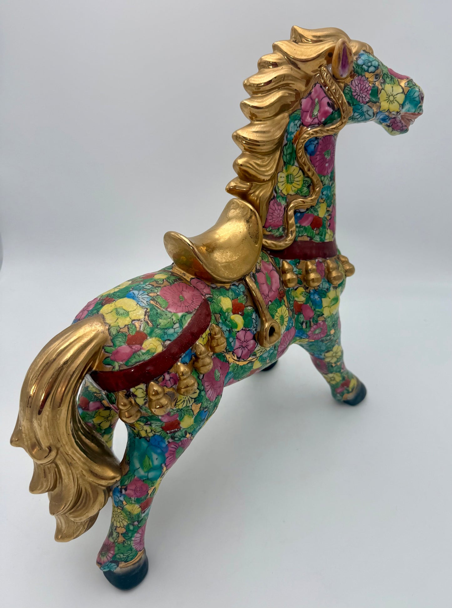 HAND-PAINTED FLORAL FAMILLE ROSE HORSE WITH GILT ACCENTS – 15” STATEMENT FIGURINE