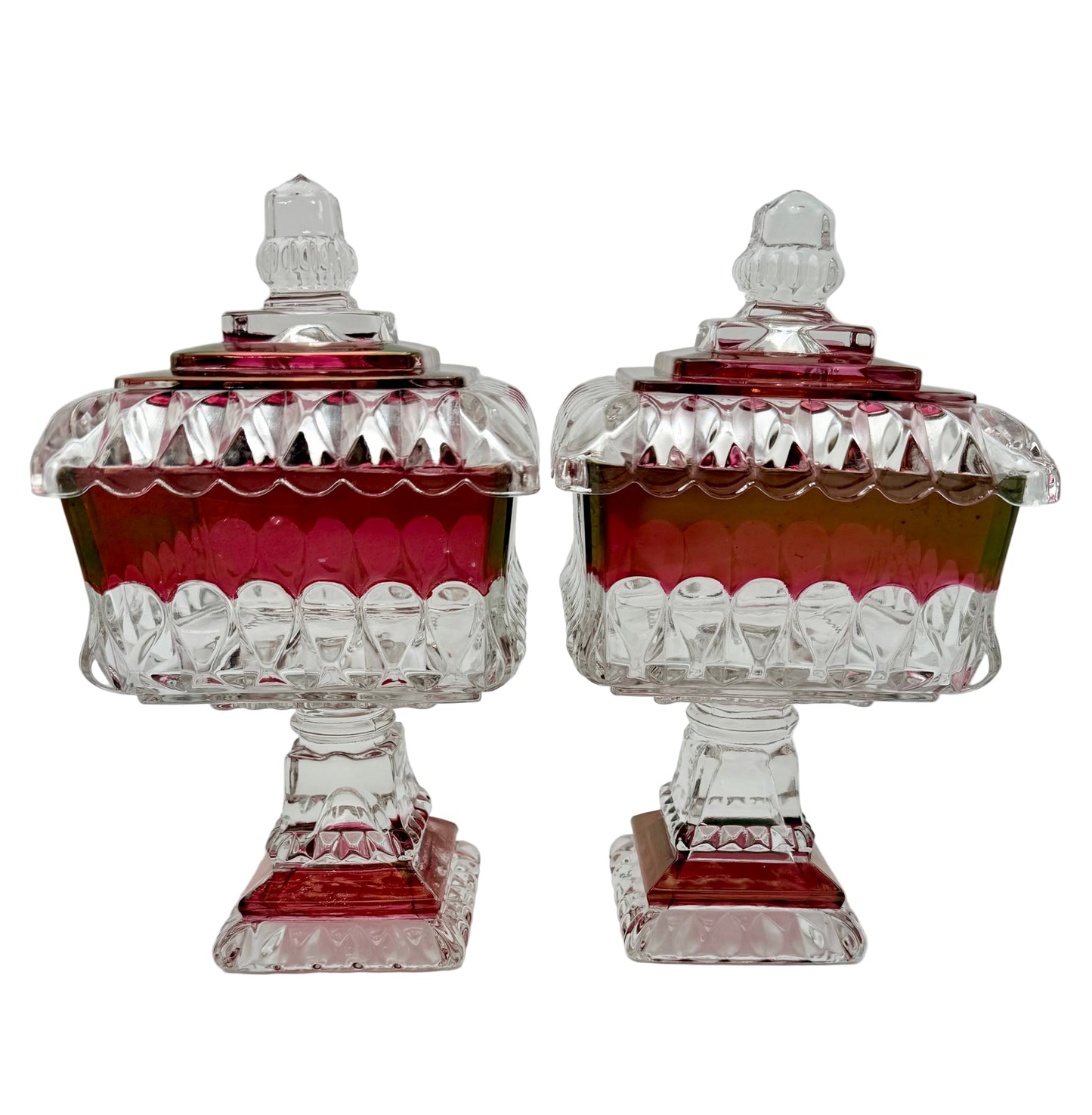 PAIR OF ANTIQUE RUBY STAINED EAPG LIDDED SWEETMEAT JARS • U.S. GLASS • 1890s VICTORIAN PEDESTAL COMPOTES