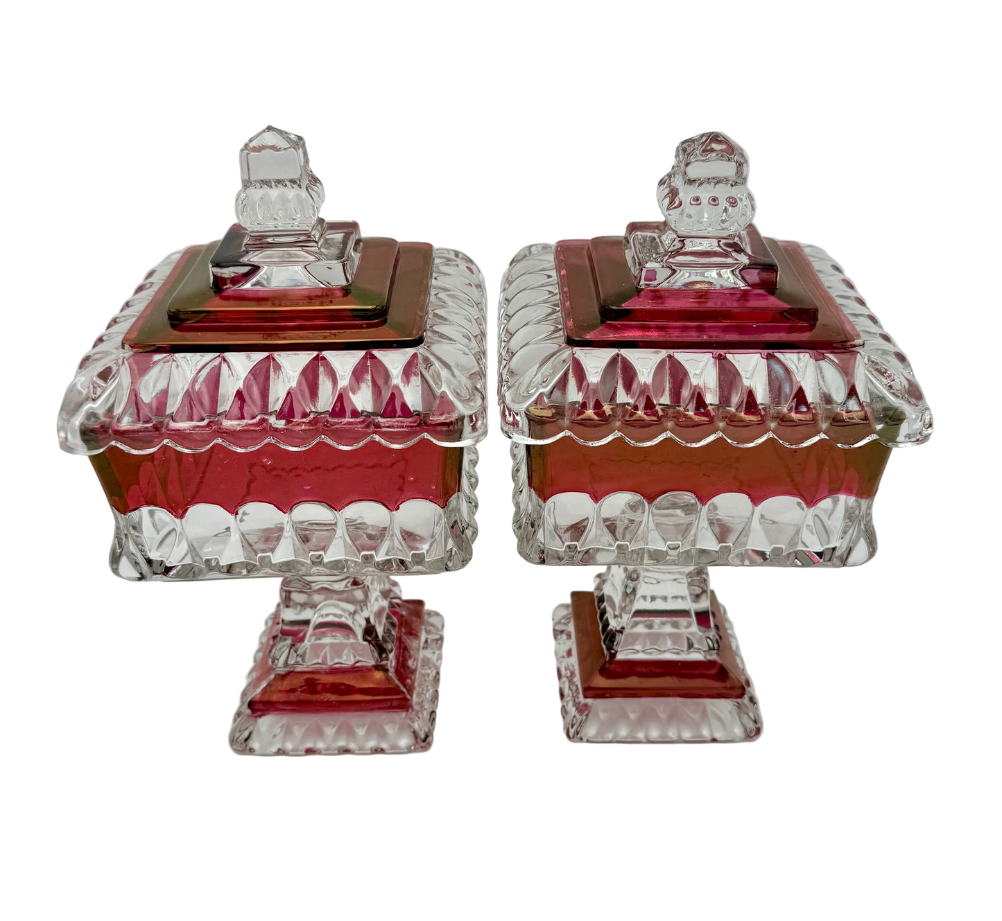 PAIR OF ANTIQUE RUBY STAINED EAPG LIDDED SWEETMEAT JARS • U.S. GLASS • 1890s VICTORIAN PEDESTAL COMPOTES
