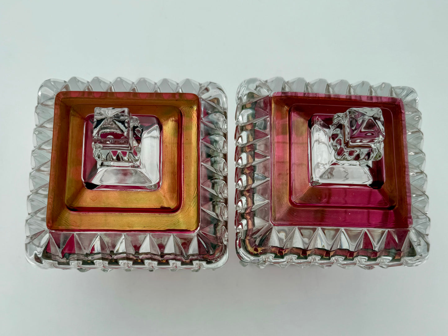 PAIR OF ANTIQUE RUBY STAINED EAPG LIDDED SWEETMEAT JARS • U.S. GLASS • 1890s VICTORIAN PEDESTAL COMPOTES