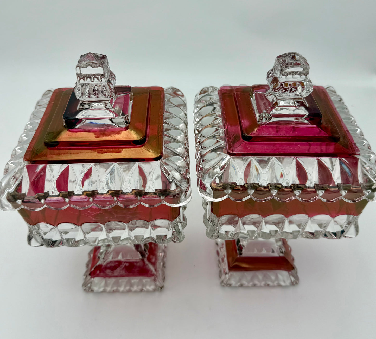 PAIR OF ANTIQUE RUBY STAINED EAPG LIDDED SWEETMEAT JARS • U.S. GLASS • 1890s VICTORIAN PEDESTAL COMPOTES