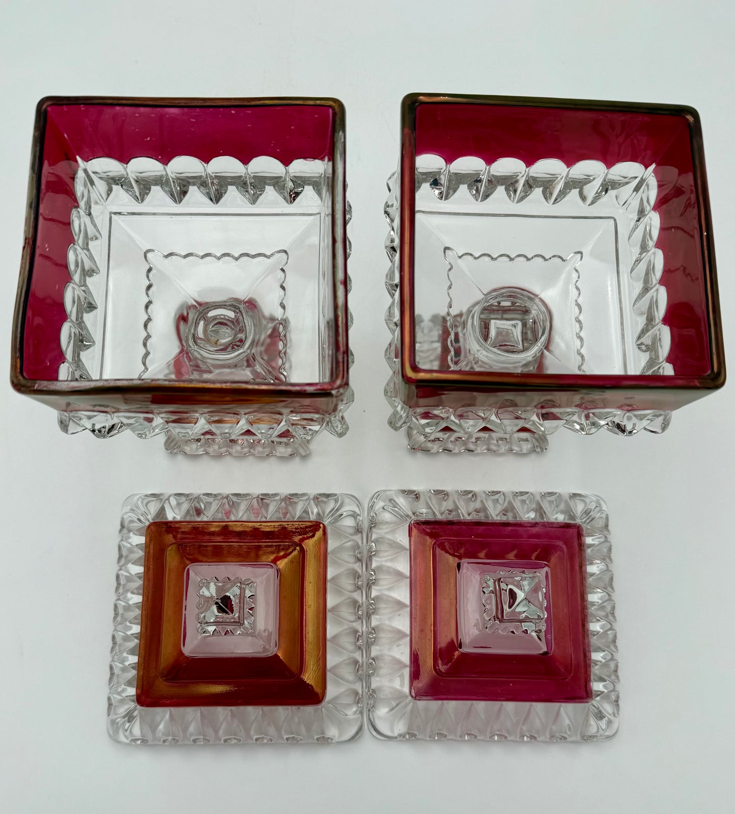 PAIR OF ANTIQUE RUBY STAINED EAPG LIDDED SWEETMEAT JARS • U.S. GLASS • 1890s VICTORIAN PEDESTAL COMPOTES