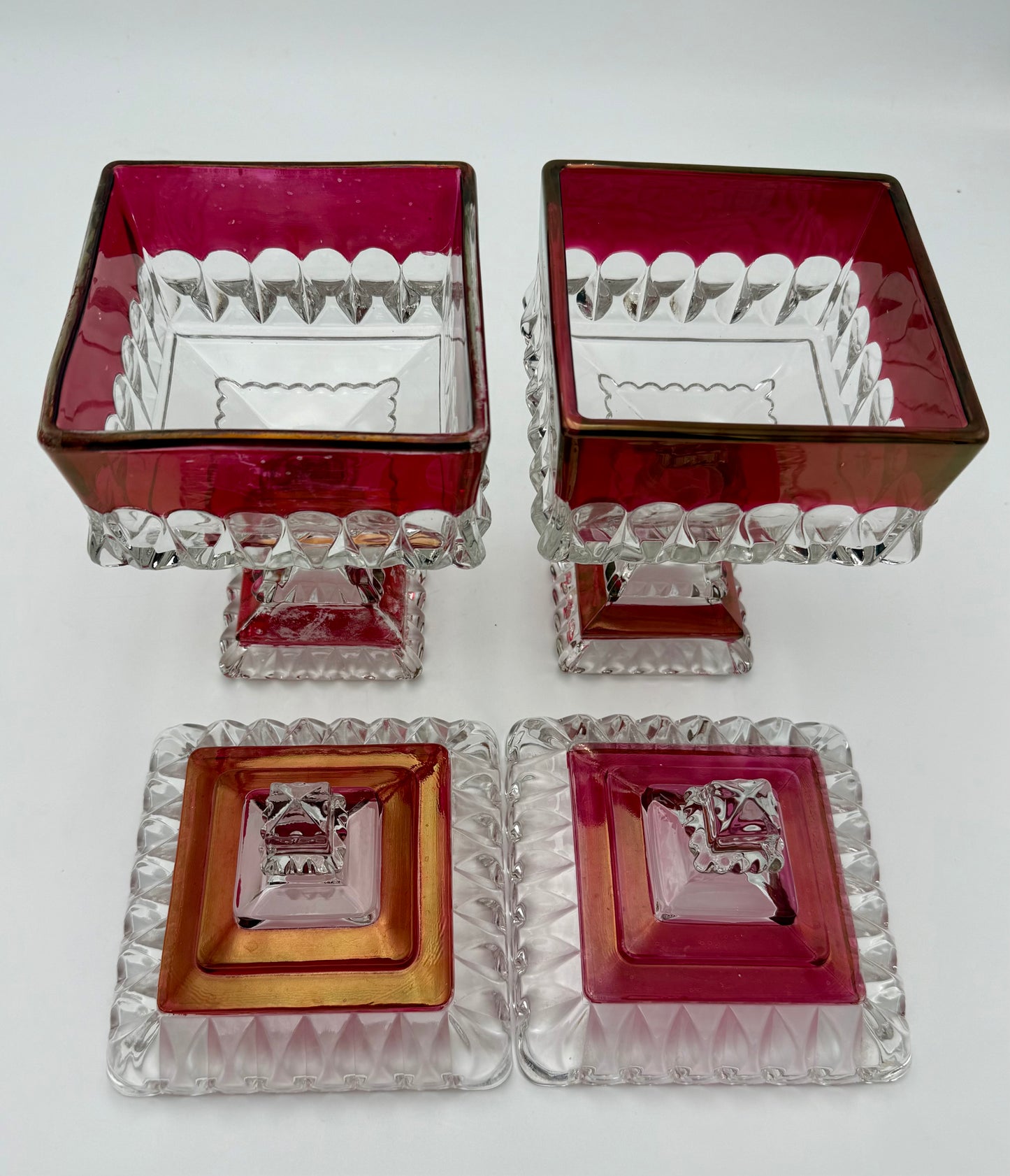 PAIR OF ANTIQUE RUBY STAINED EAPG LIDDED SWEETMEAT JARS • U.S. GLASS • 1890s VICTORIAN PEDESTAL COMPOTES