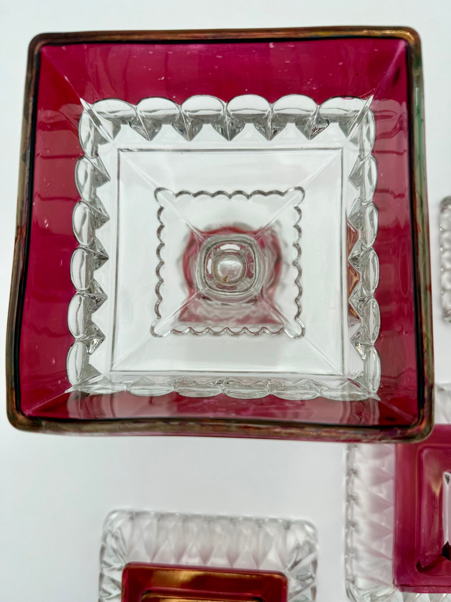 PAIR OF ANTIQUE RUBY STAINED EAPG LIDDED SWEETMEAT JARS • U.S. GLASS • 1890s VICTORIAN PEDESTAL COMPOTES