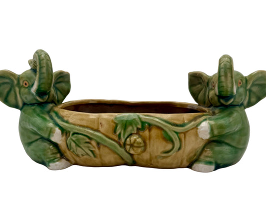 VINTAGE JAPANESE ELEPHANT PLANTER • 1930s–1940s Figural Ceramic • Green Glaze Double Elephant Planter • Whimsical Animal Pottery • Nursery Decor
