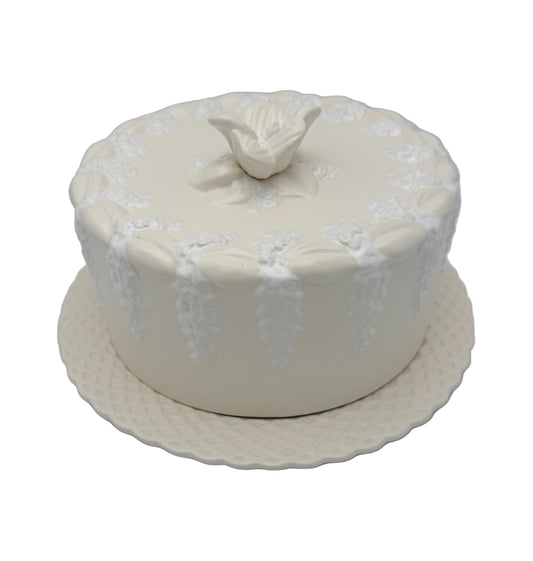 VINTAGE PORTUGUESE EARTHENWARE COVERED DOME WITH MATCHING PLATE – CREAM & WHITE FLORAL RELIEF – 12.5”