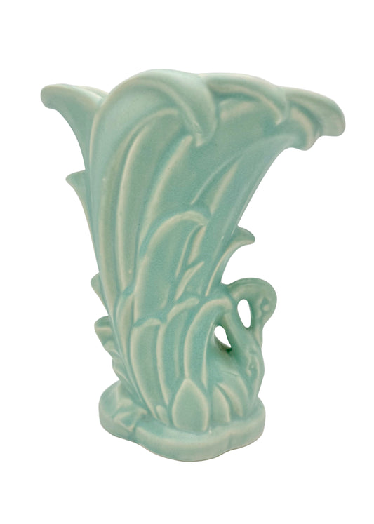 VINTAGE MCCOY MATTE TURQUOISE SWAN CORNUCOPIA VASE – 1940s–50s – ART POTTERY DECOR
