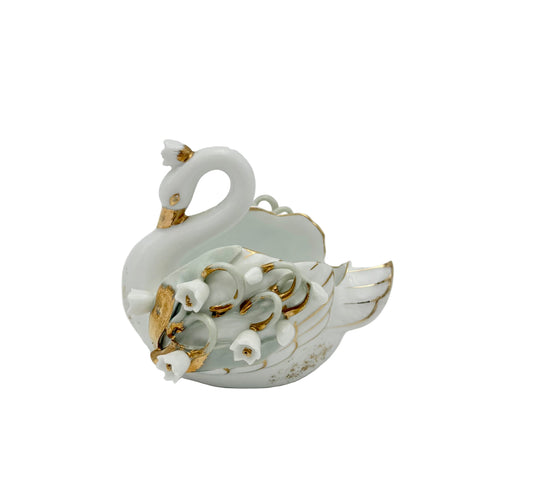 VINTAGE LEFTON CHINA PORCELAIN SWAN • LILY-OF-THE-VALLEY • GOLD GILT • HAND PAINTED