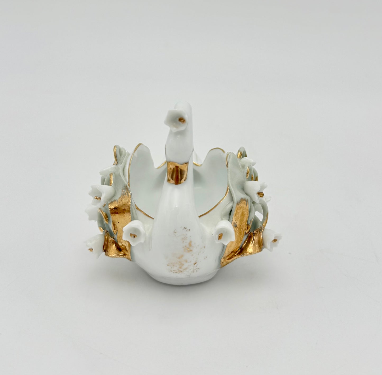 VINTAGE LEFTON CHINA PORCELAIN SWAN • LILY-OF-THE-VALLEY • GOLD GILT • HAND PAINTED