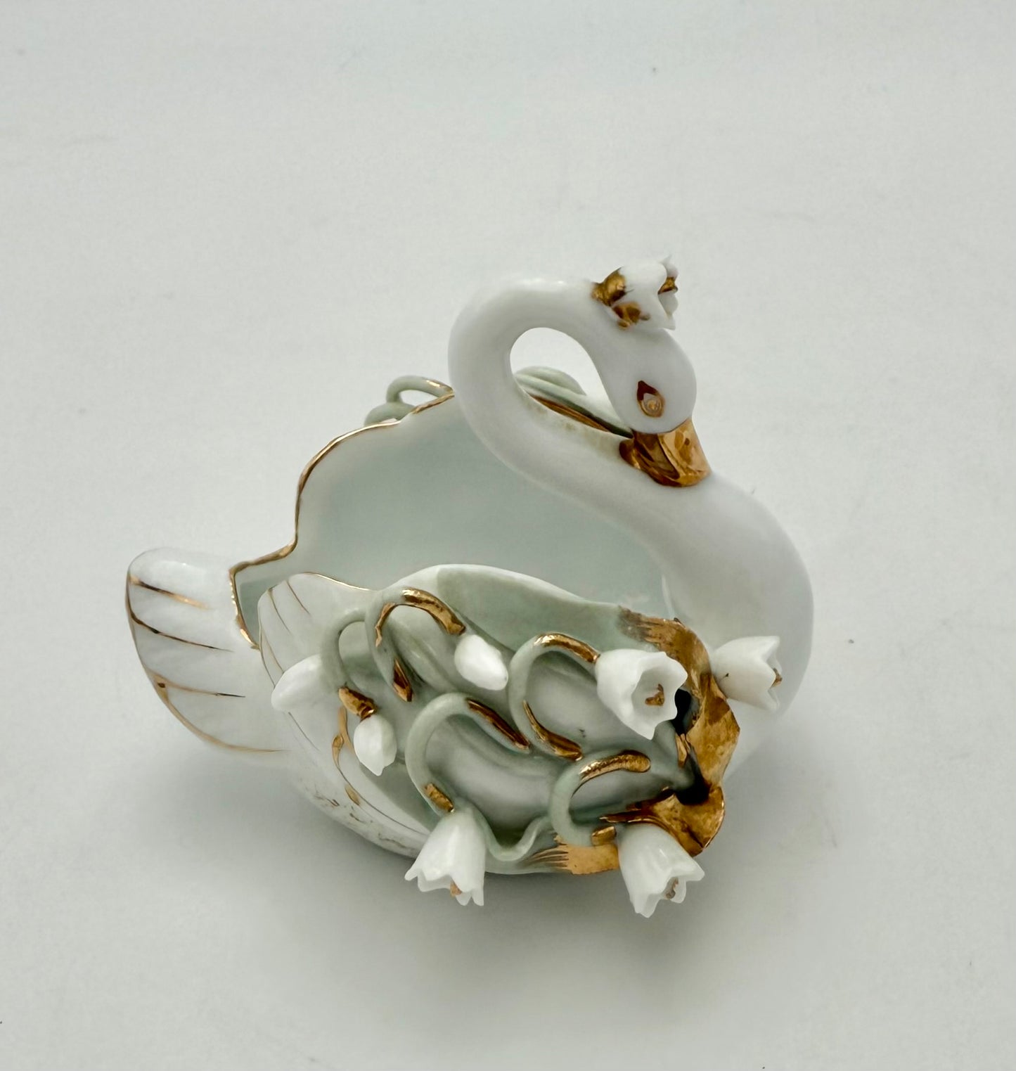 VINTAGE LEFTON CHINA PORCELAIN SWAN • LILY-OF-THE-VALLEY • GOLD GILT • HAND PAINTED