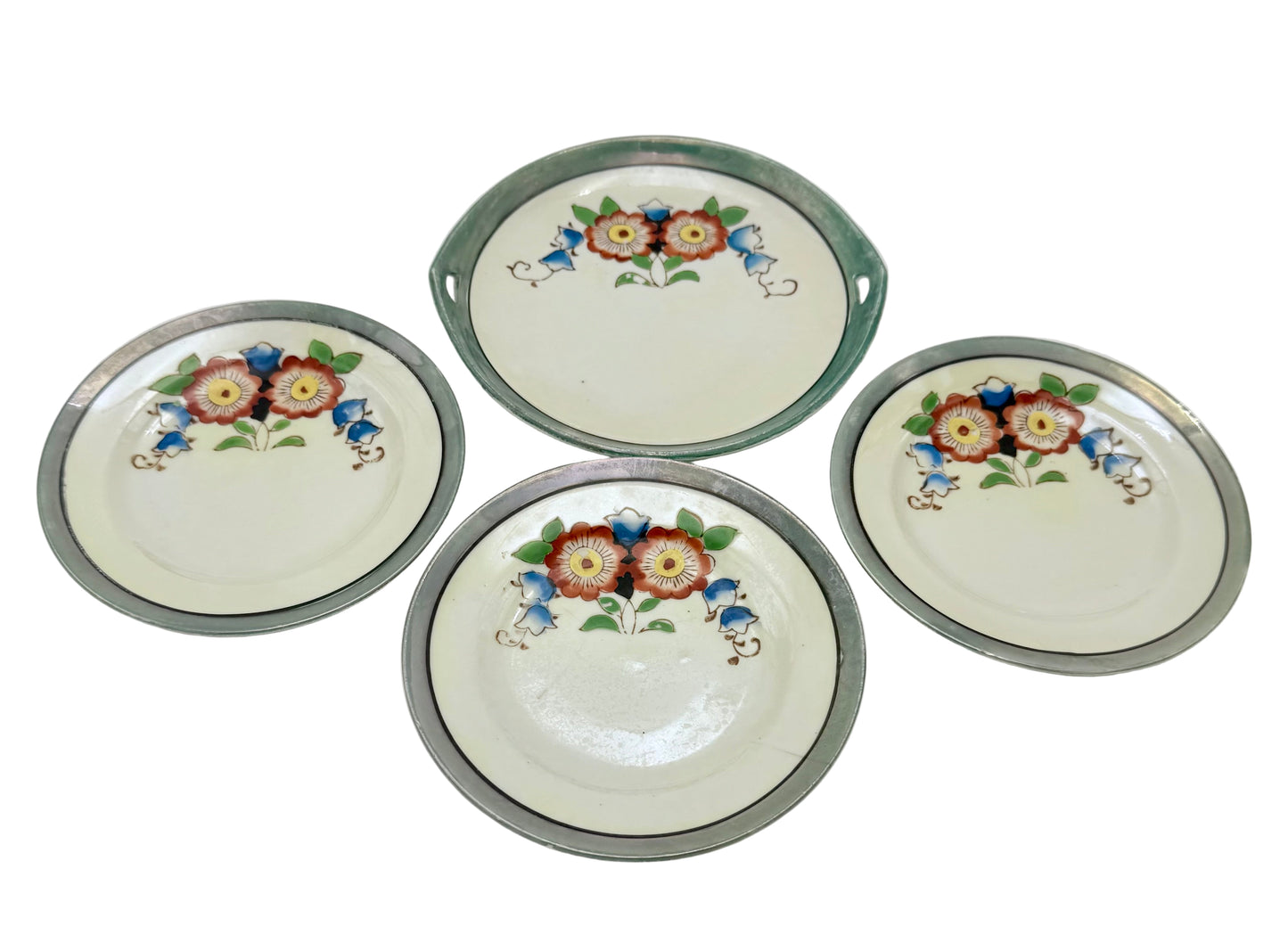 VINTAGE MADE IN JAPAN FLORAL PLATE & TRAY SET – 1950S HAND-PAINTED CERAMIC – 4.25” PLATES & 5” HANDLED TRAY – COTTAGECORE FLORAL DISH SET