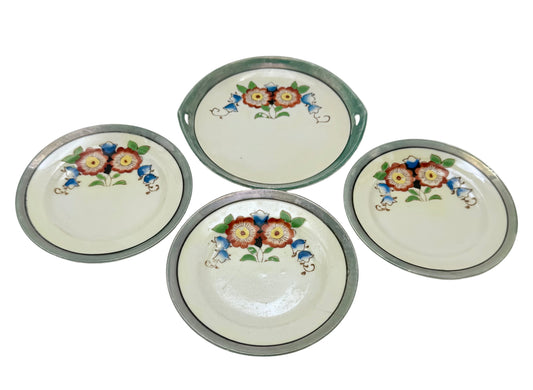 VINTAGE MADE IN JAPAN FLORAL PLATE & TRAY SET – 1950S HAND-PAINTED CERAMIC – 4.25” PLATES & 5” HANDLED TRAY – COTTAGECORE FLORAL DISH SET