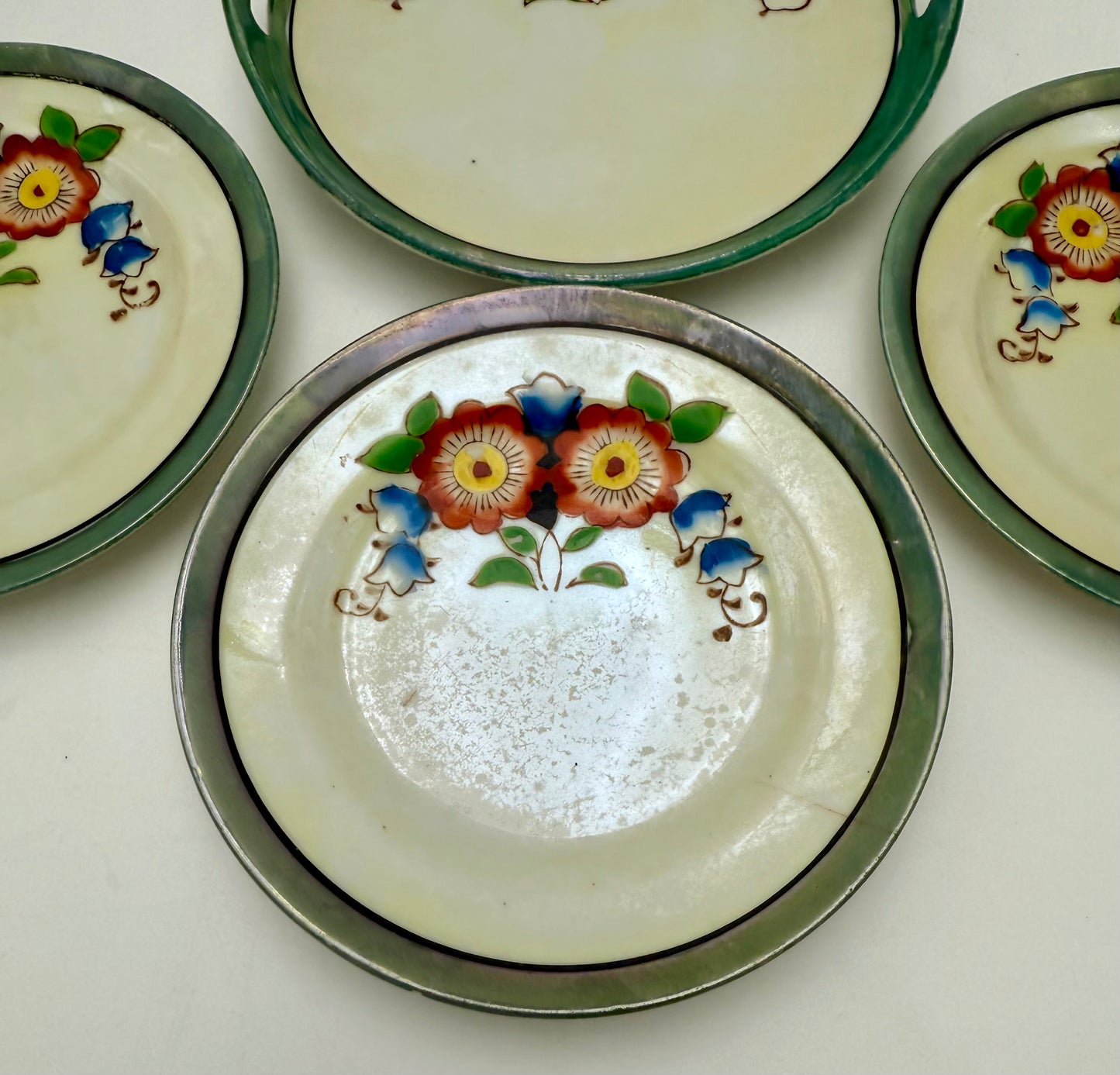 VINTAGE MADE IN JAPAN FLORAL PLATE & TRAY SET – 1950S HAND-PAINTED CERAMIC – 4.25” PLATES & 5” HANDLED TRAY – COTTAGECORE FLORAL DISH SET